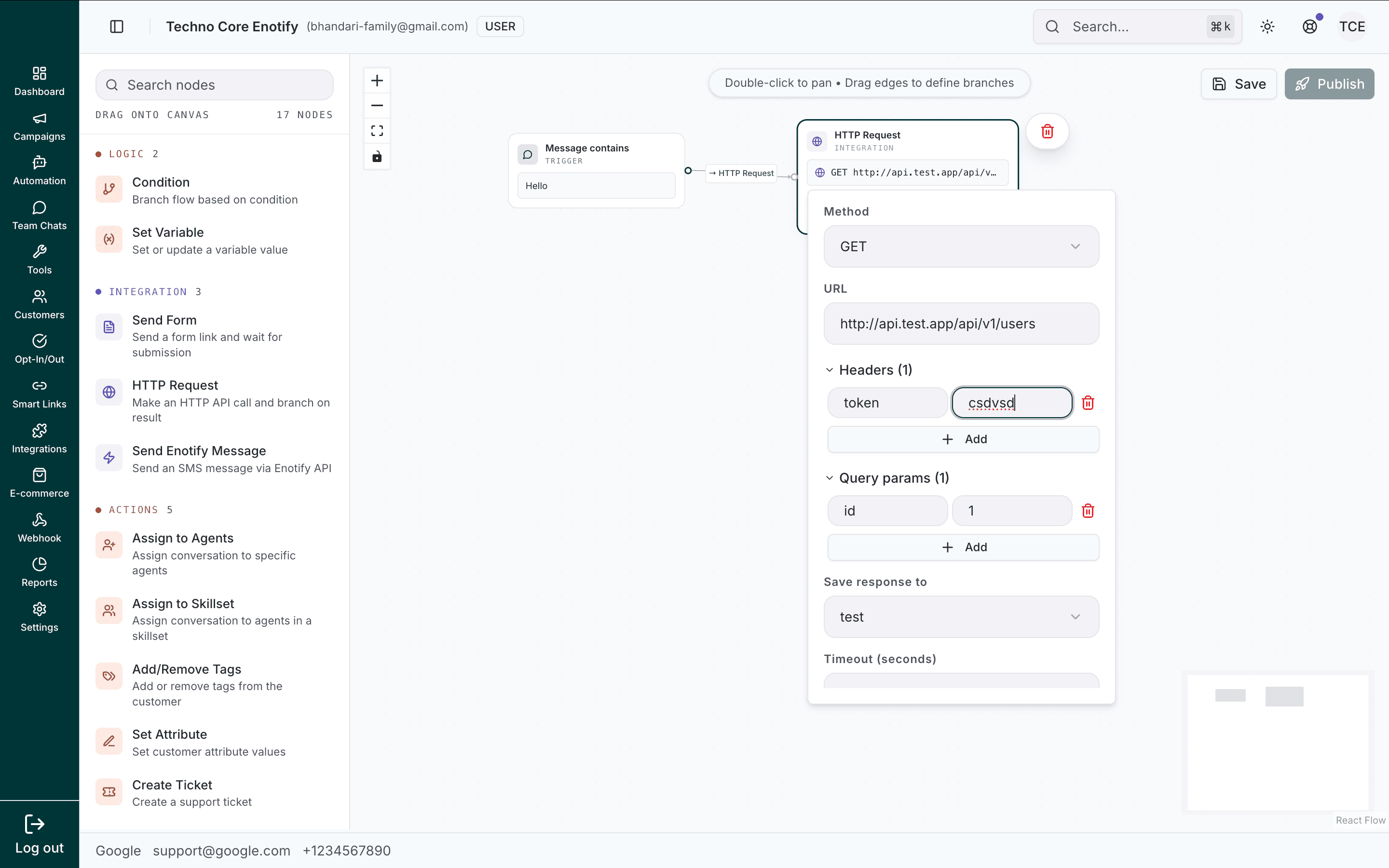 HTTP Request node showing method, URL, headers, query params, save-to variable, and timeout