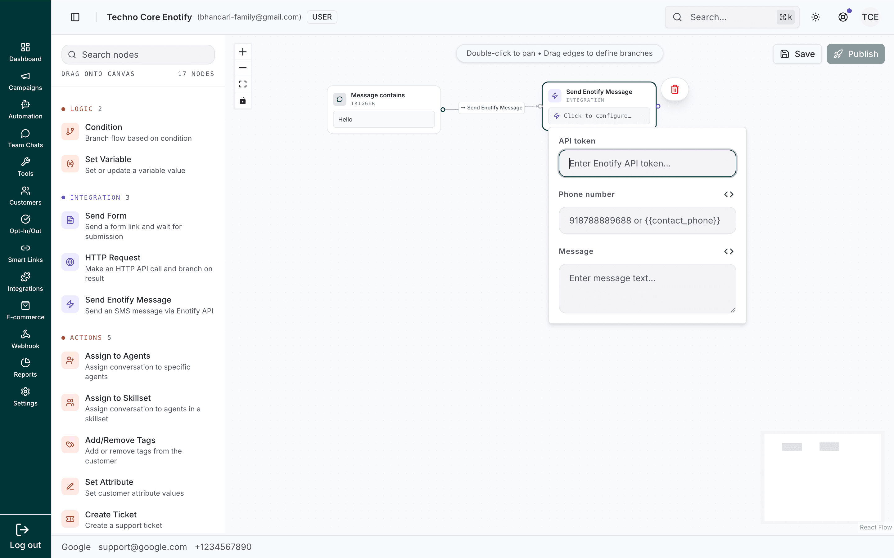 Send Enotify Message node with empty API token, phone number, and message fields