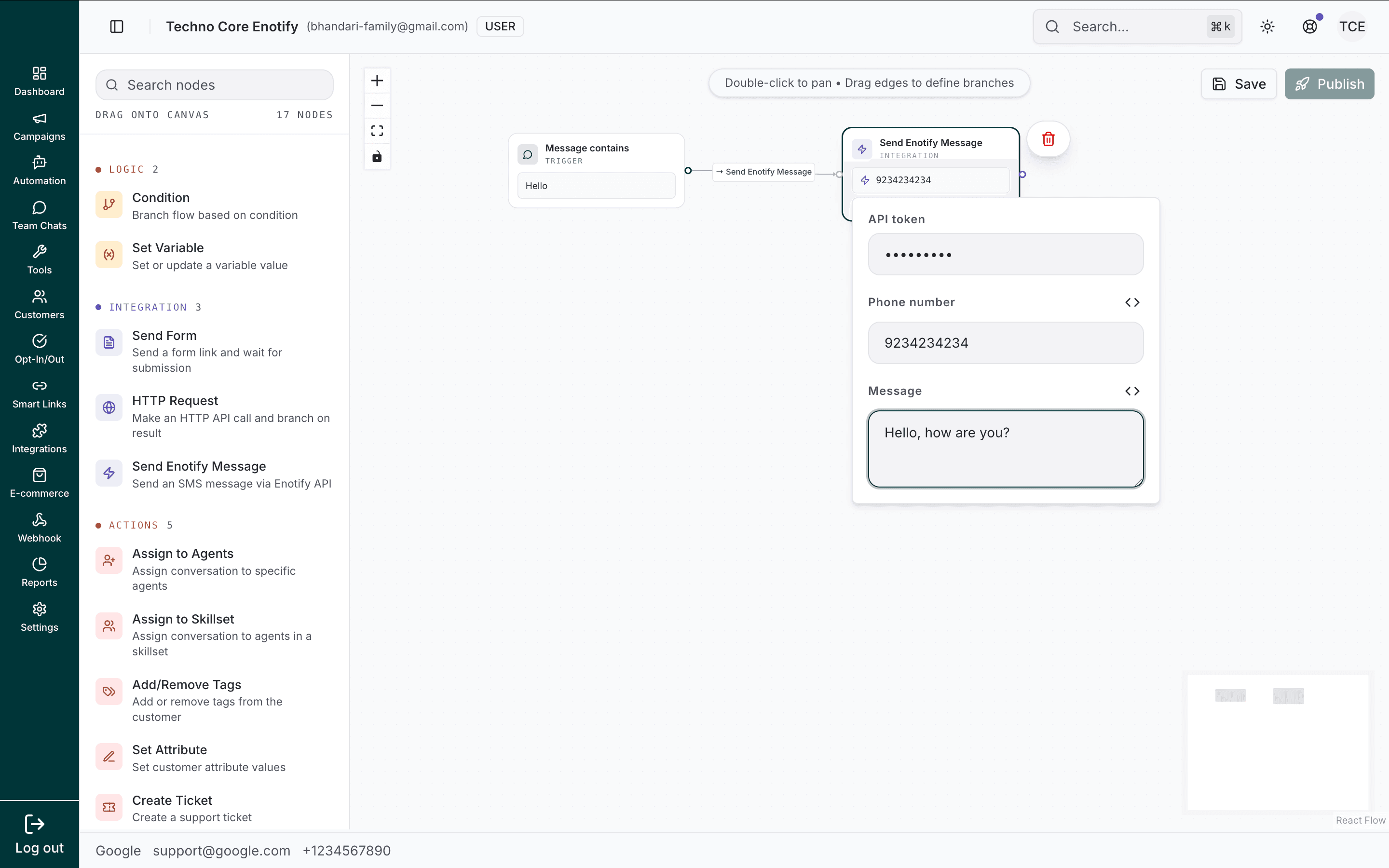 Send Enotify Message node filled in with a token, phone number, and message