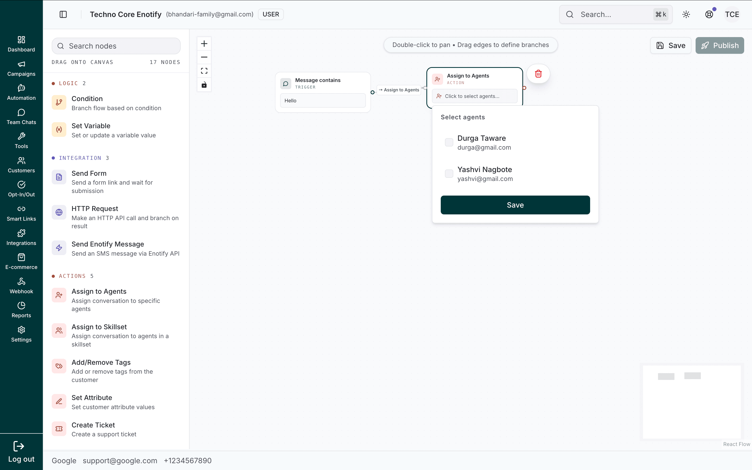 Assign to Agents node showing a checkbox list of agents