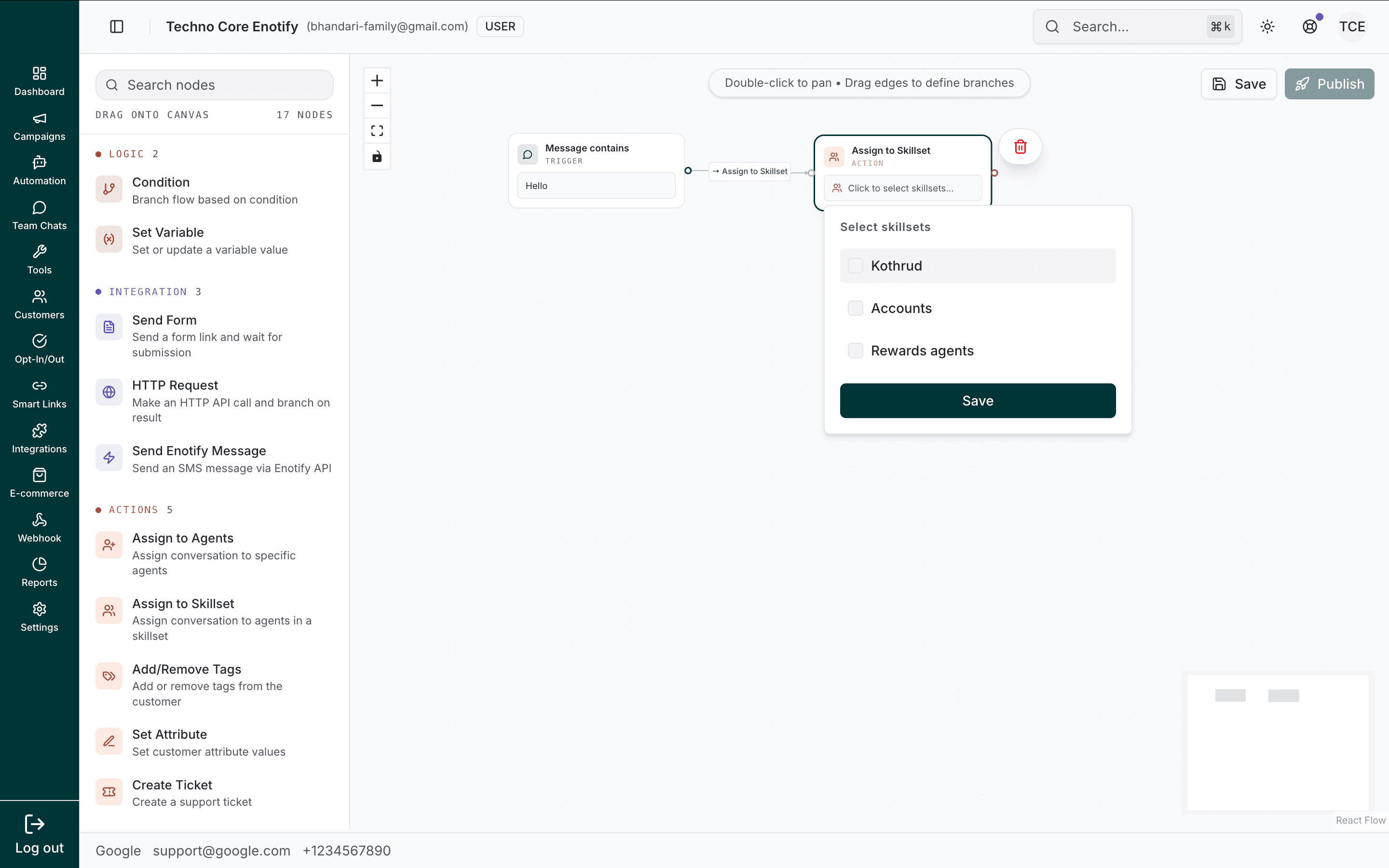 Assign to Skillset node showing a checkbox list of skillsets