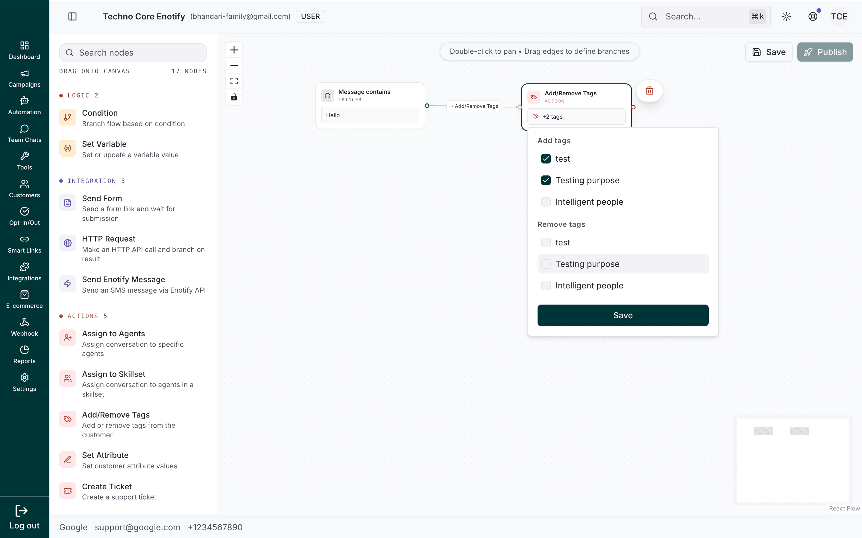 Add/Remove Tags node with separate Add tags and Remove tags checkbox lists