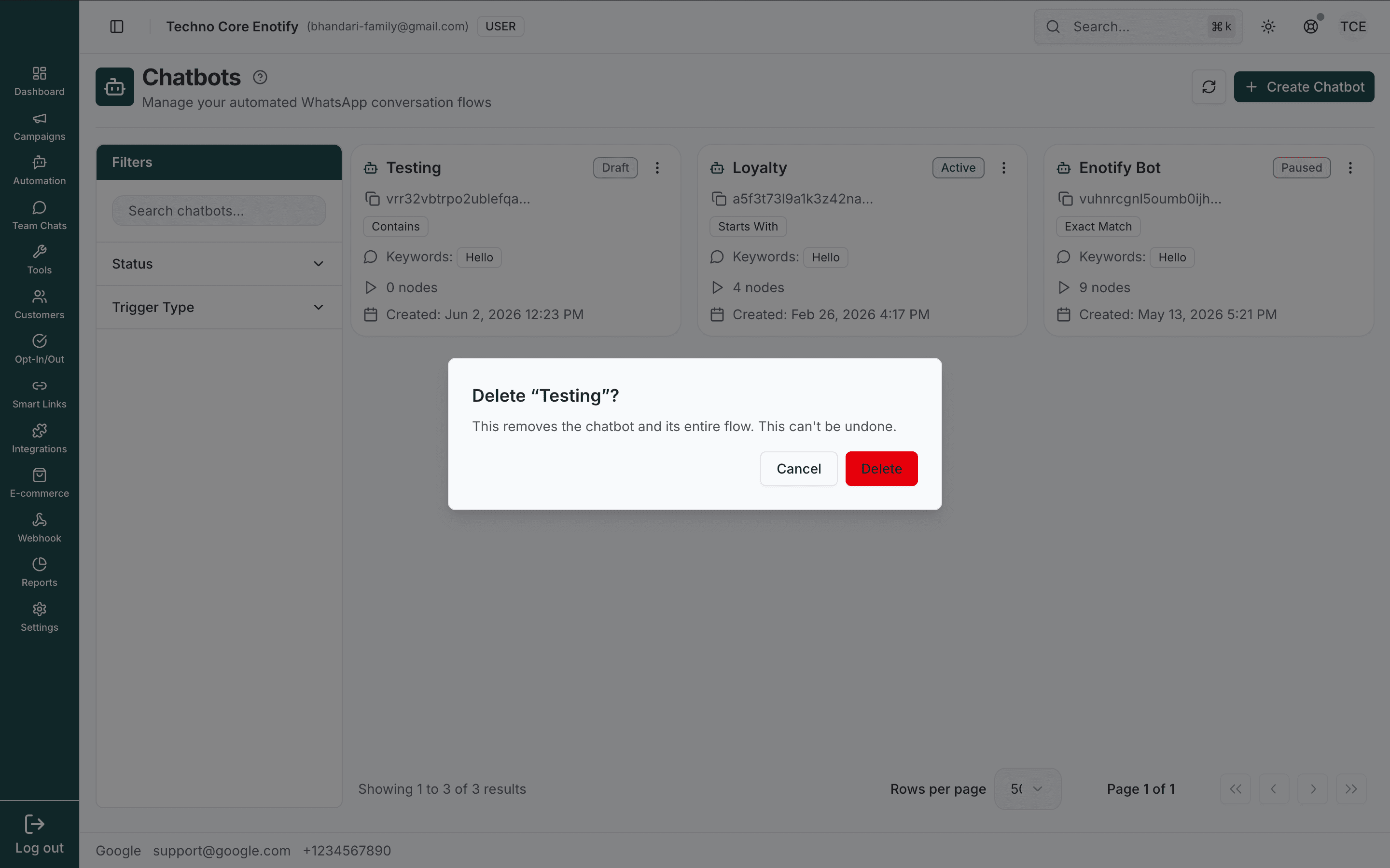Delete chatbot confirmation dialog warning the flow will be removed