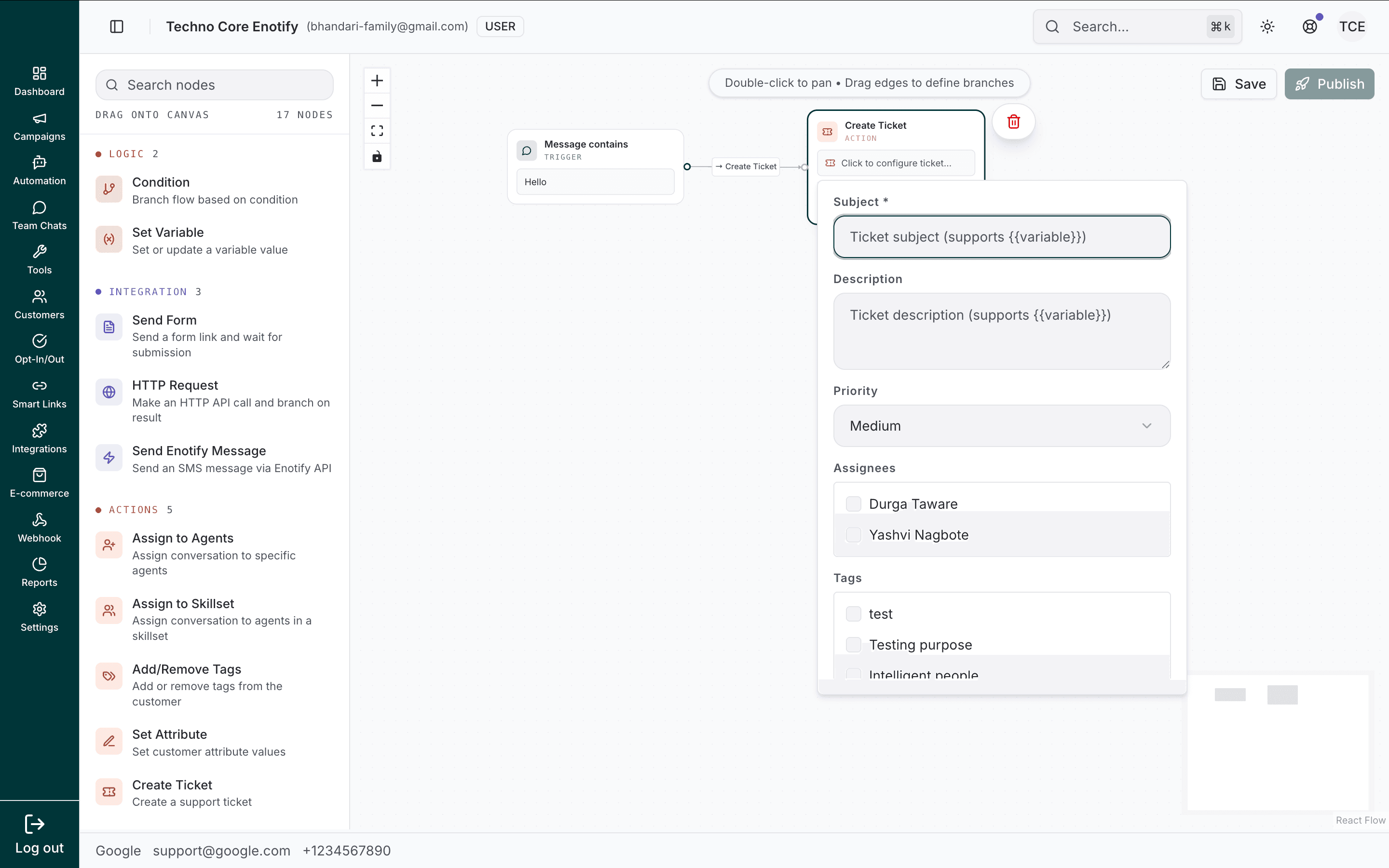 Create Ticket node showing subject, description, priority, assignees, and tags