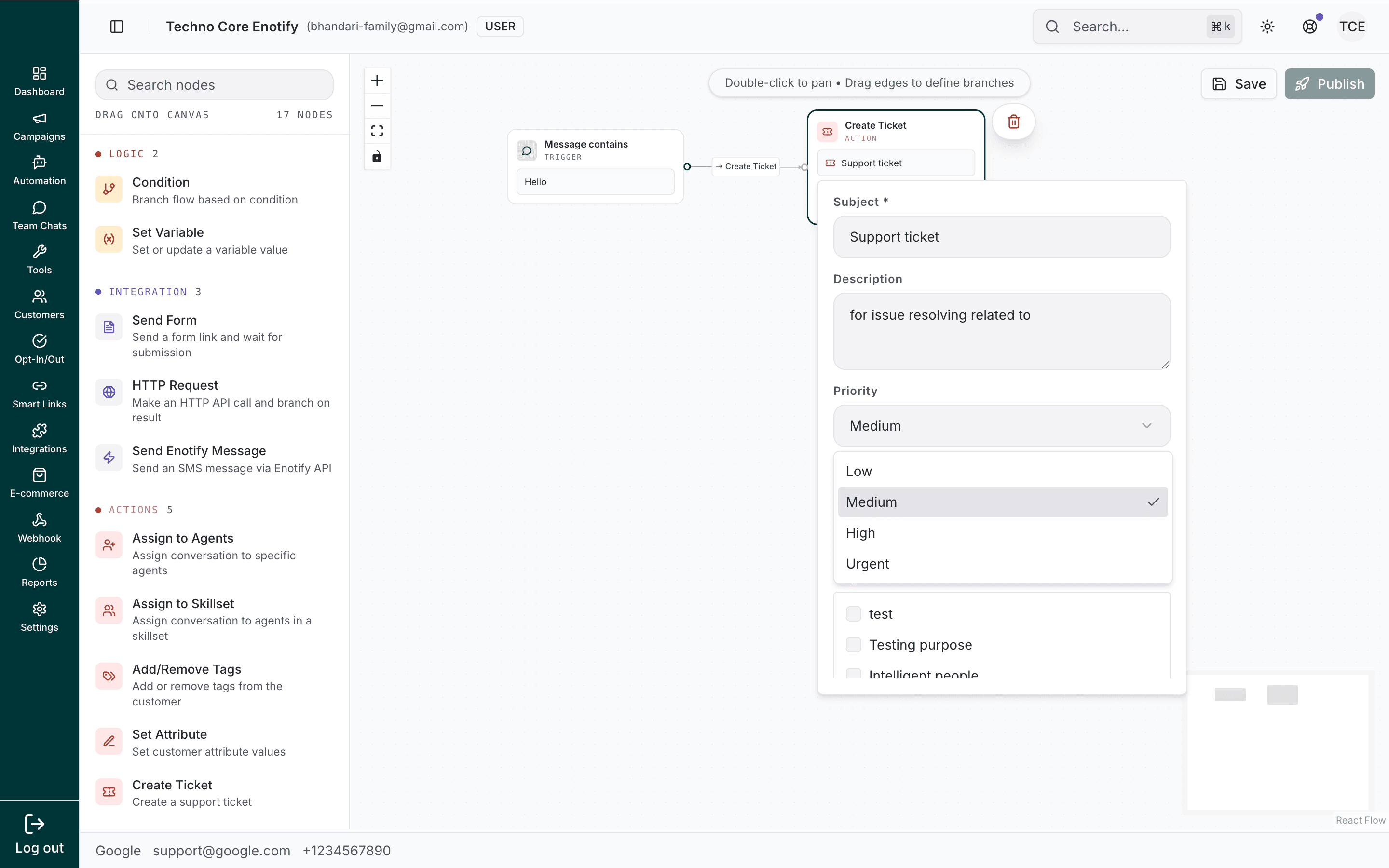 Create Ticket node with the priority dropdown showing Low, Medium, High, and Urgent