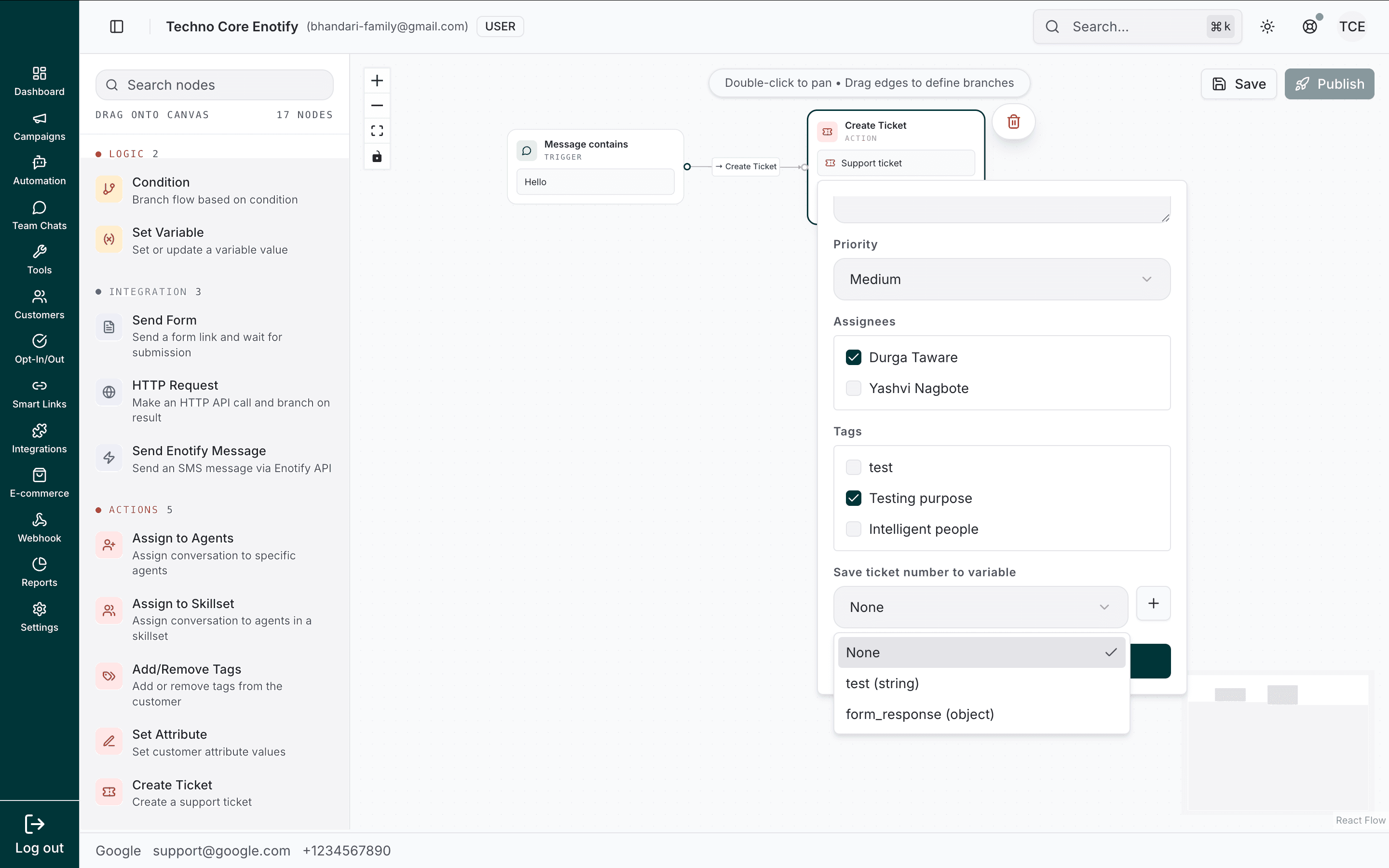Create Ticket node showing assignees, tags, and the save-ticket-number-to-variable option
