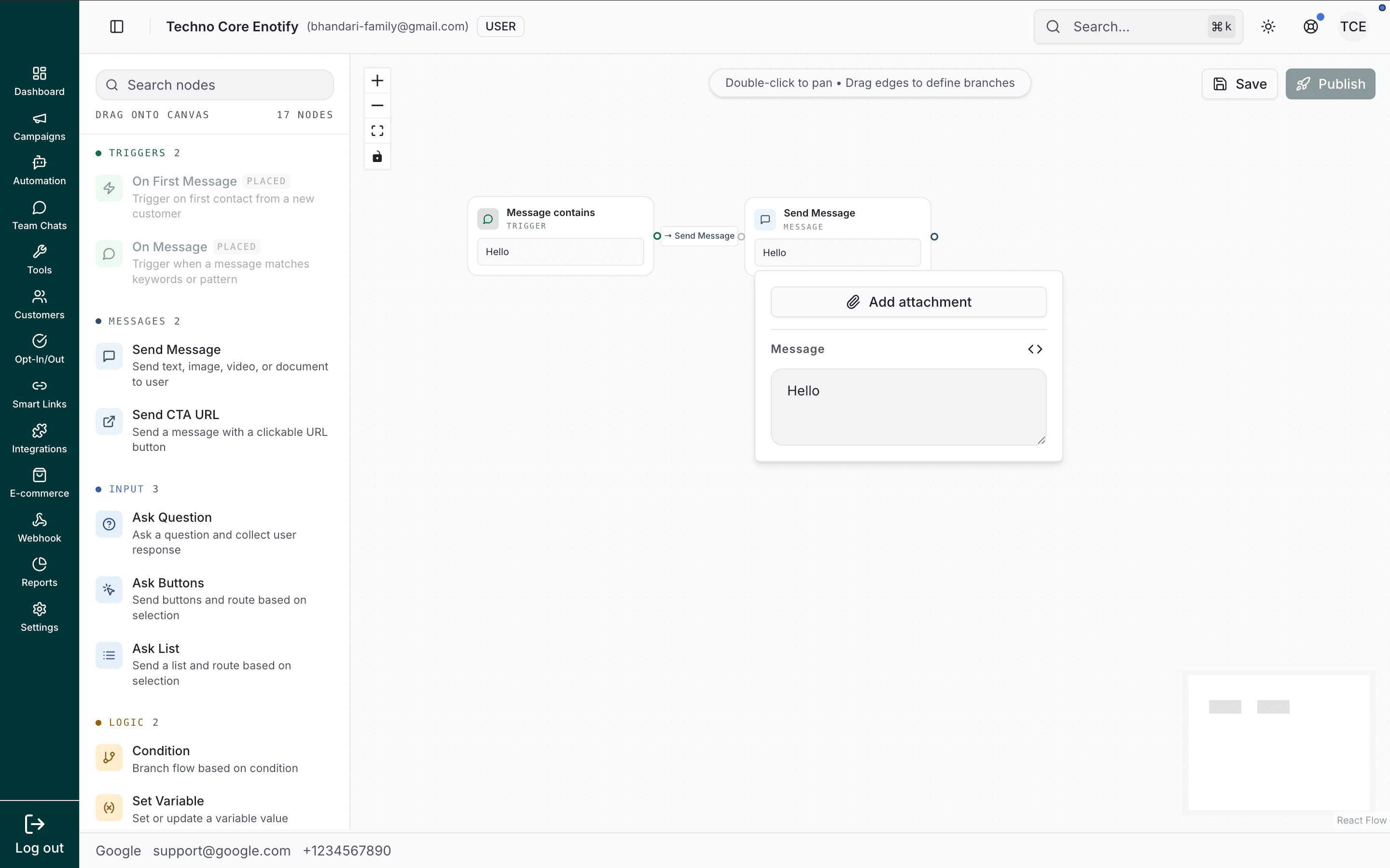 Send Message node showing the message text area and an Add attachment button