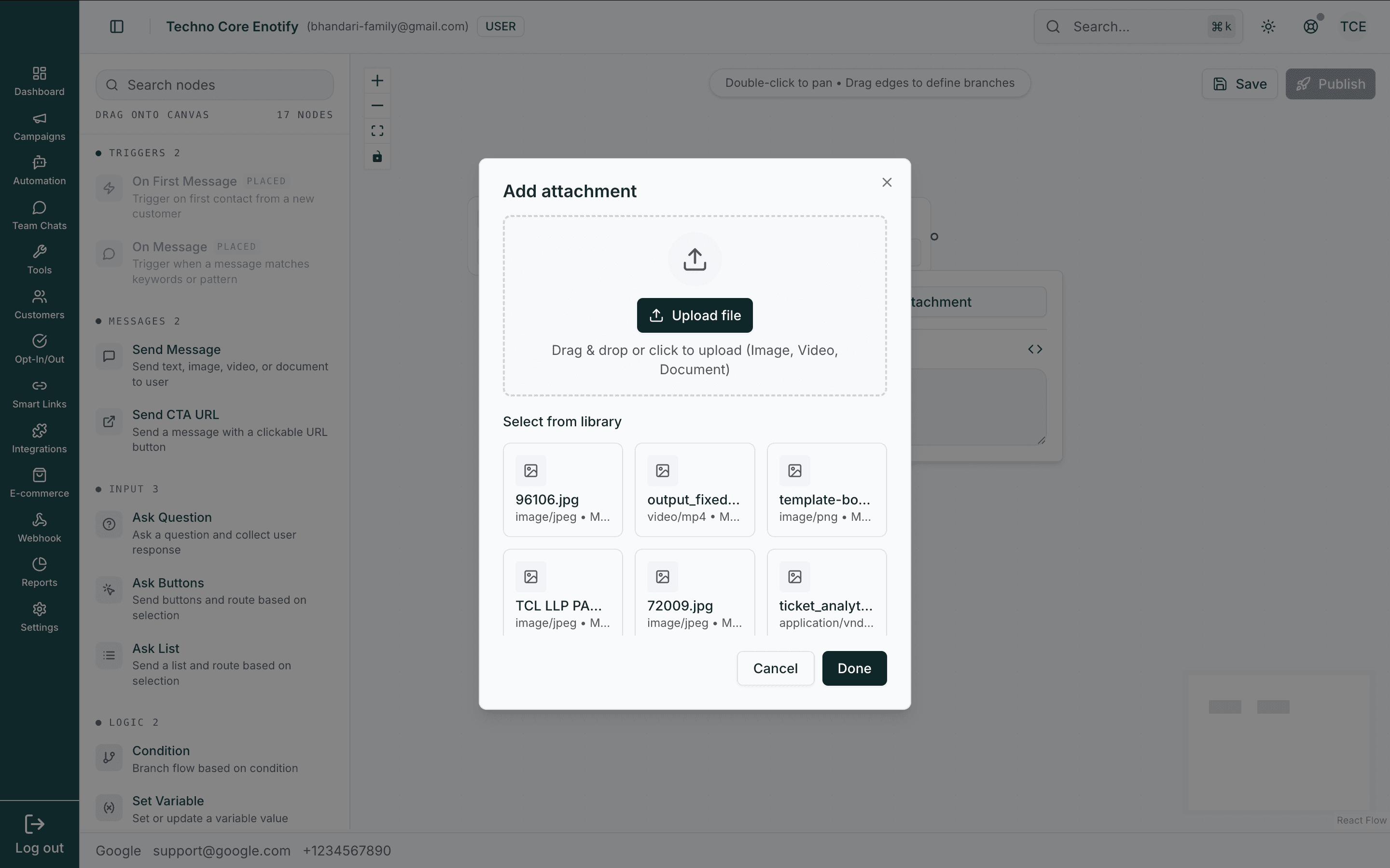 Add attachment dialog with an upload area and a grid of media library files