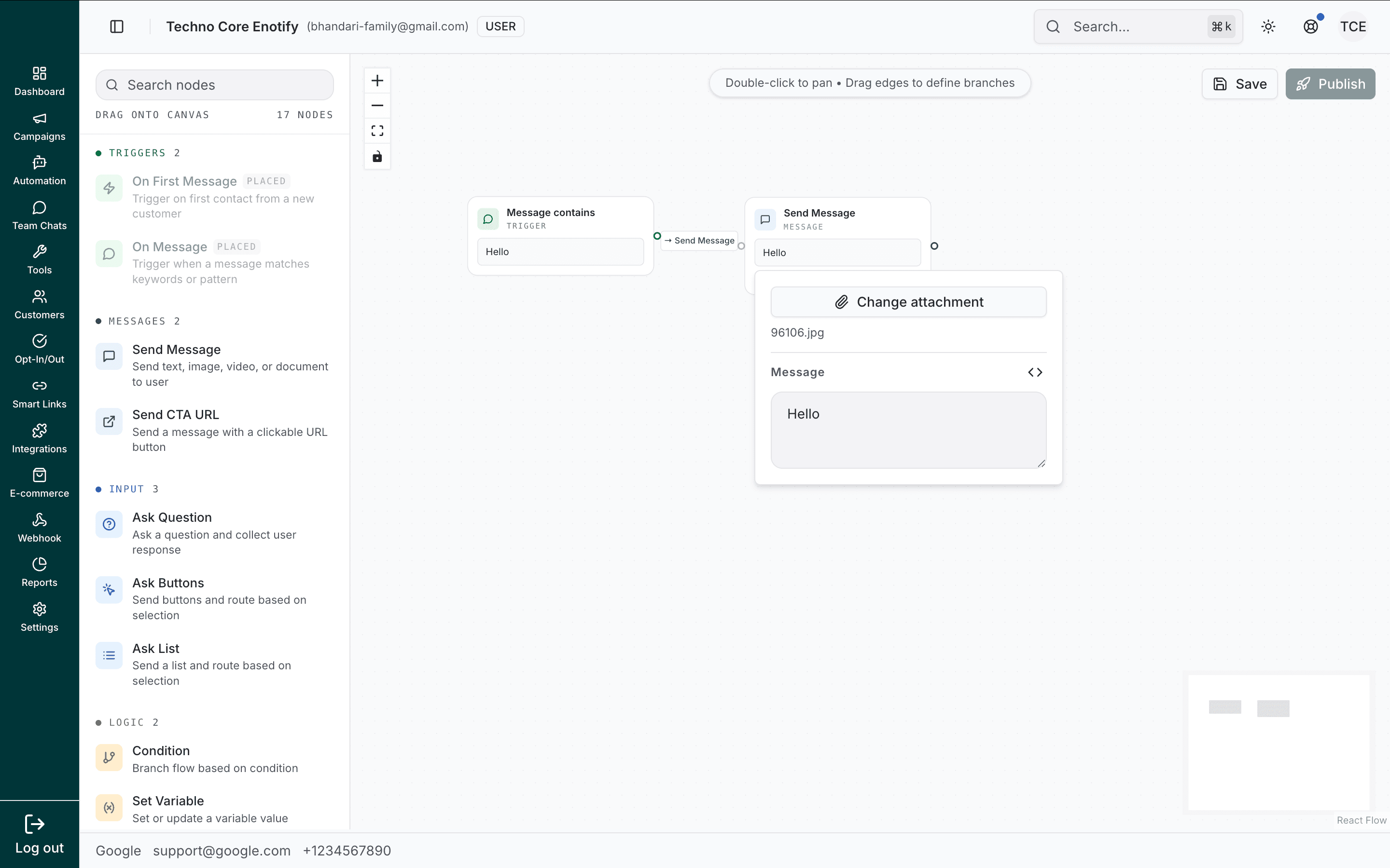 Send Message node with an attached image and a Change attachment button