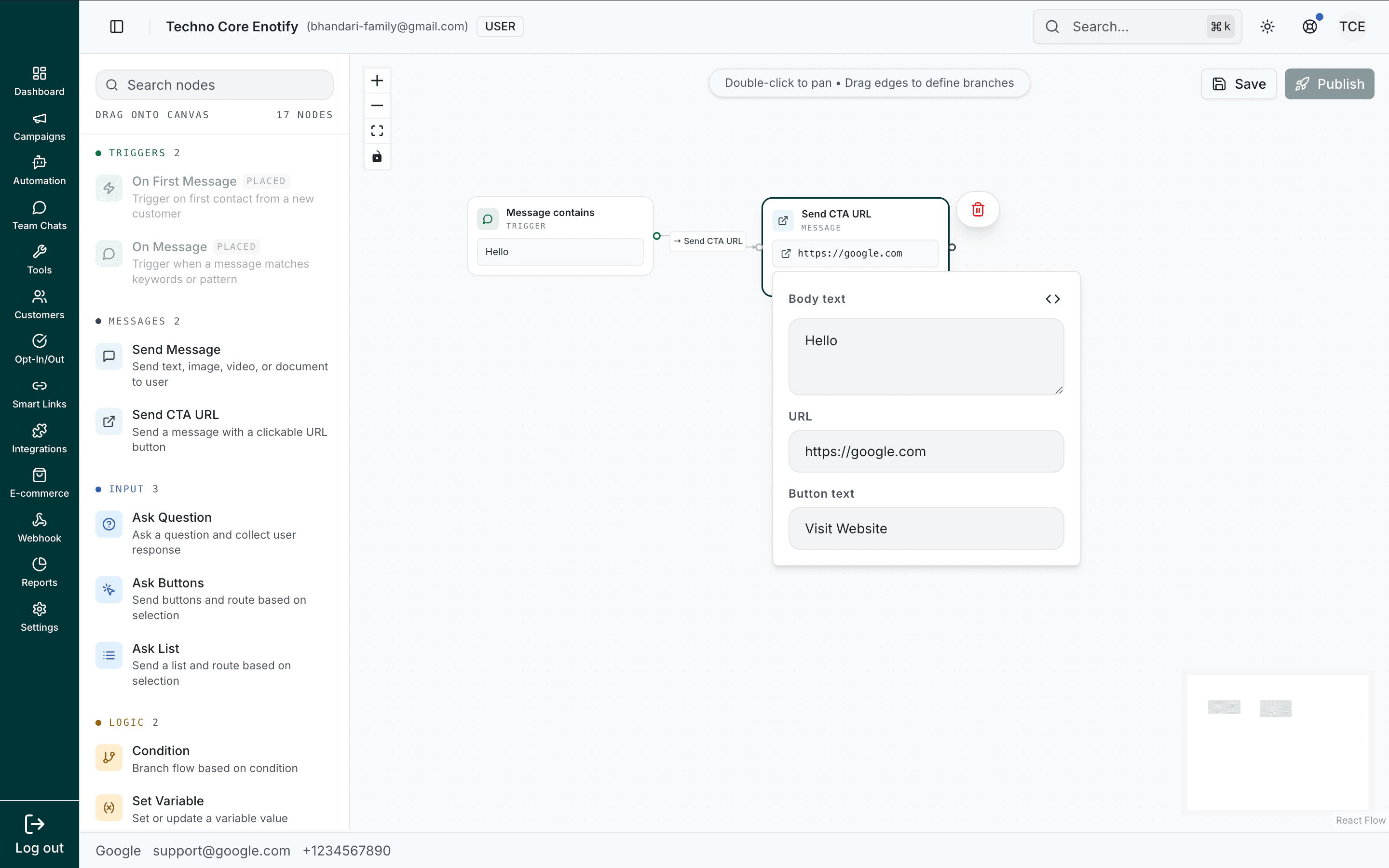 Send CTA URL node showing body text, URL, and button text fields