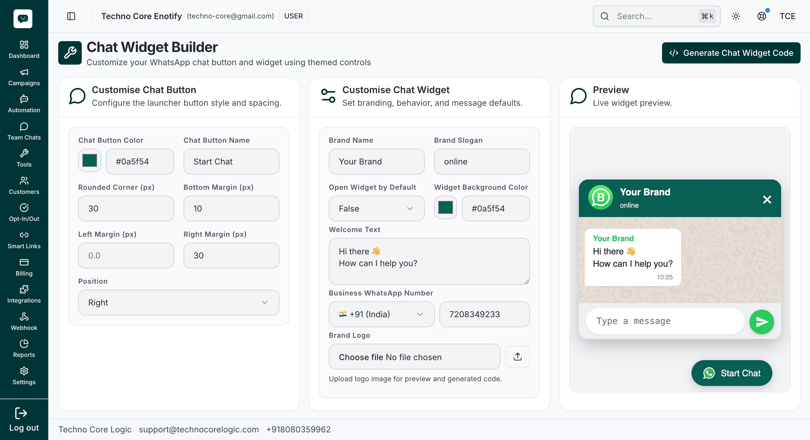 Chat Widget Builder with three columns: customise chat button, customise chat widget, and live preview
