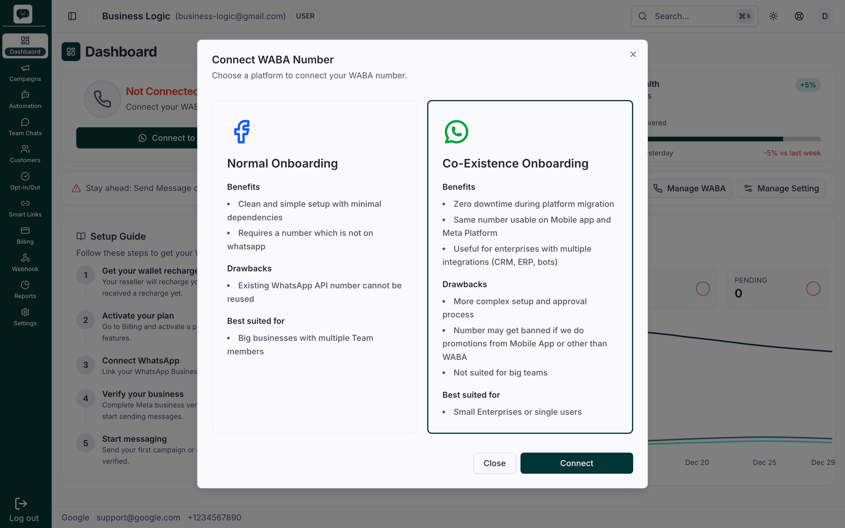 Onboarding type selection modal with the Coexistence Onboarding option highlighted on the right side