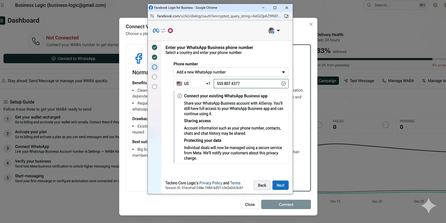 Meta flow — Connect your existing WhatsApp Business app and data sharing information