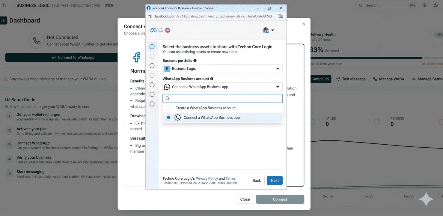Meta flow — Select business assets and Connect a WhatsApp Business app option