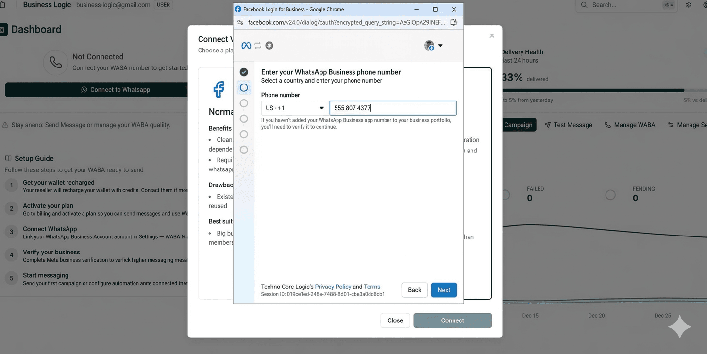 Meta flow — Enter your WhatsApp Business phone number