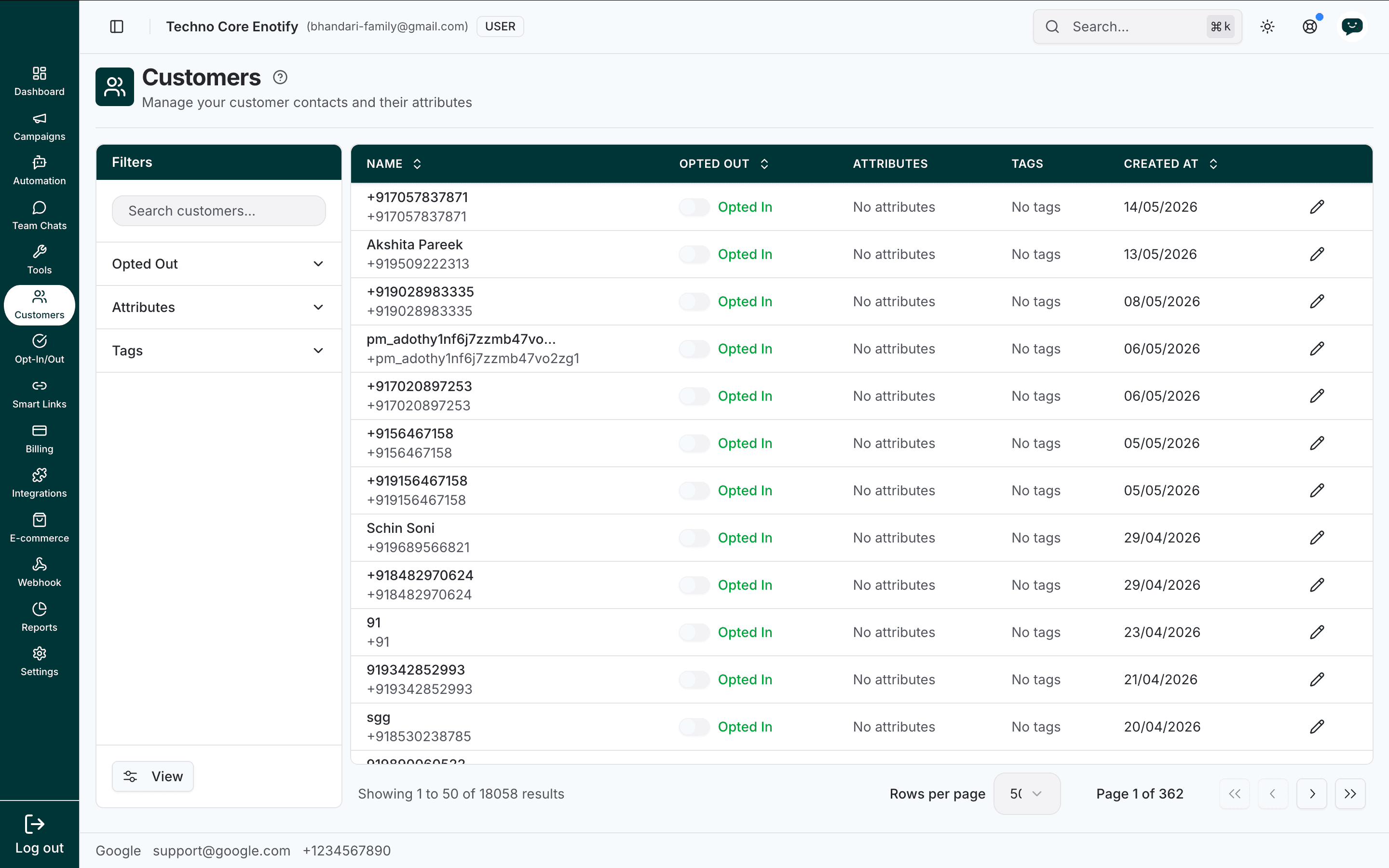 Customers page listing contacts with name, opted-out state, attributes, tags, and creation date