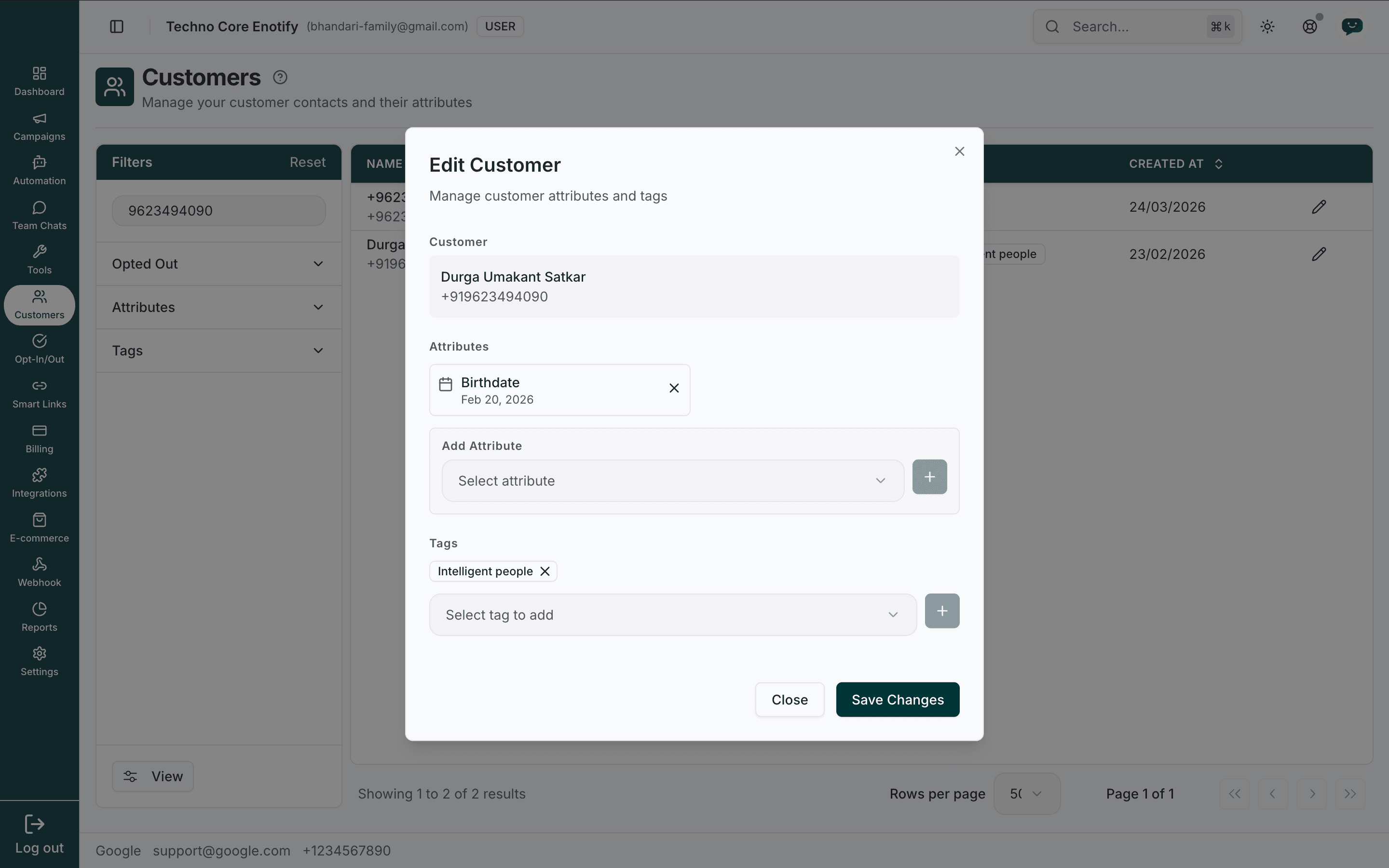 Edit Customer dialog showing the customer, their attributes, and their tags