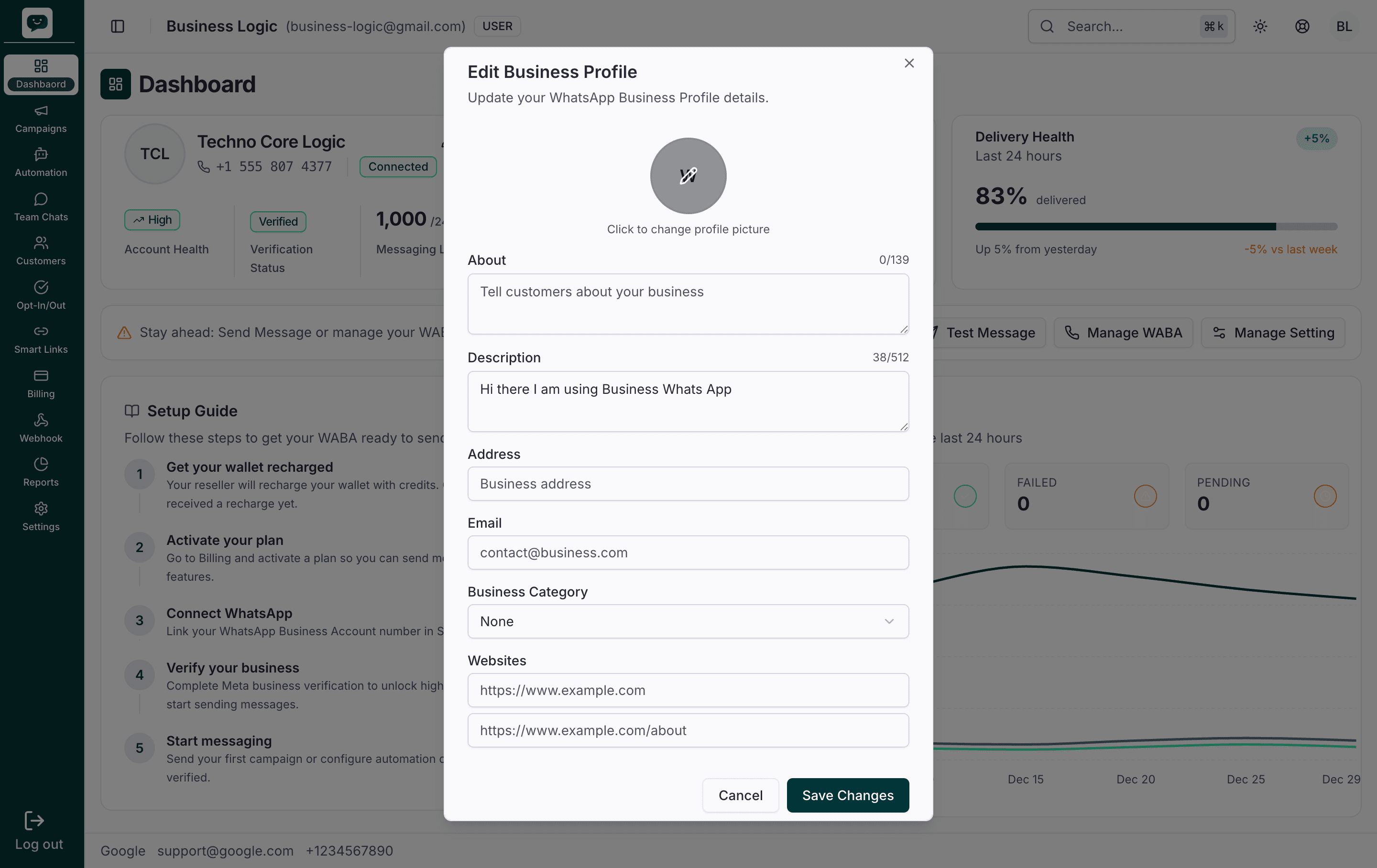 Edit Business Profile modal with profile picture, About, Description, Address, Email, Business Category, and Websites fields
