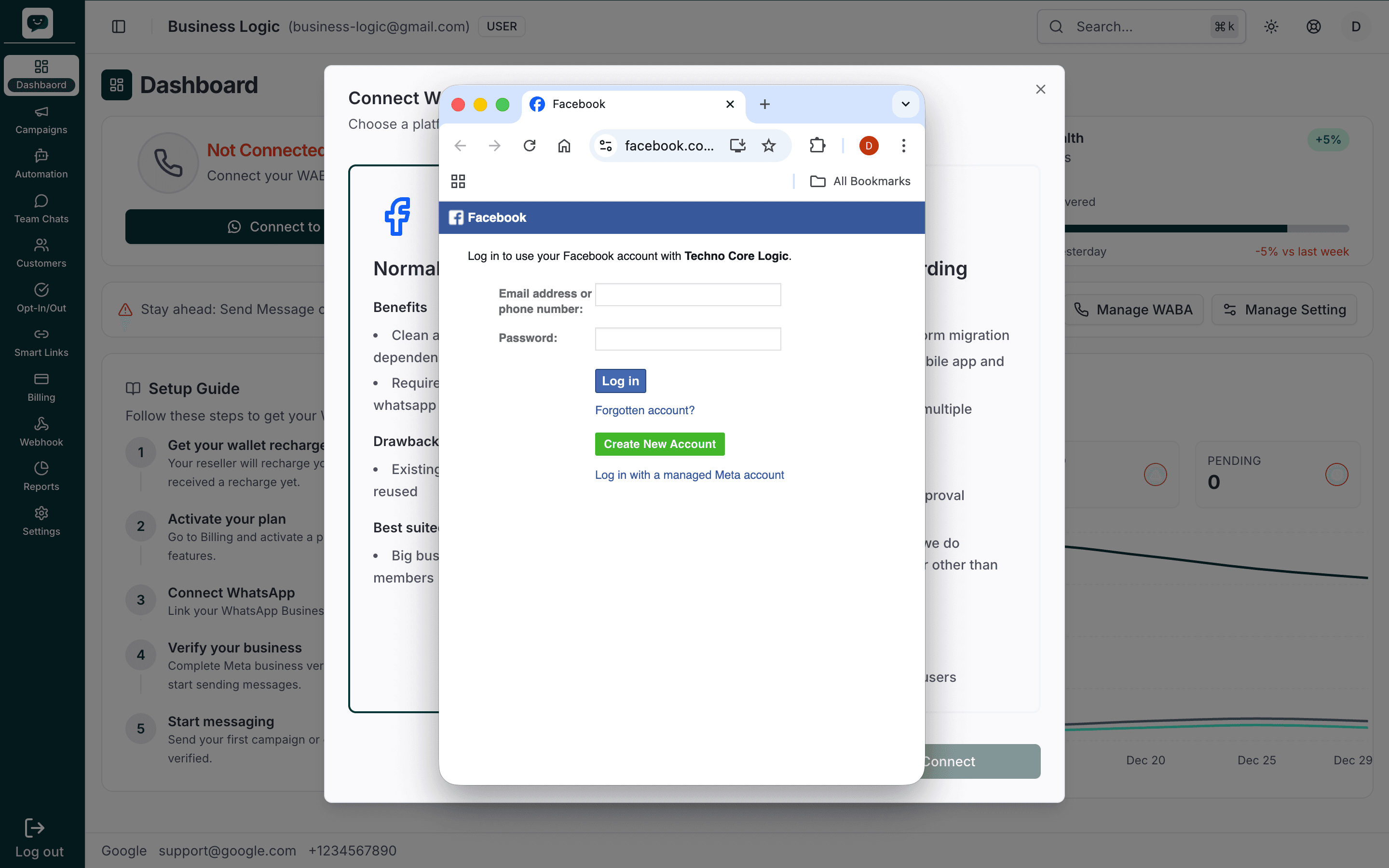 Facebook login popup — log in to use your Facebook account with the app to continue WhatsApp connection
