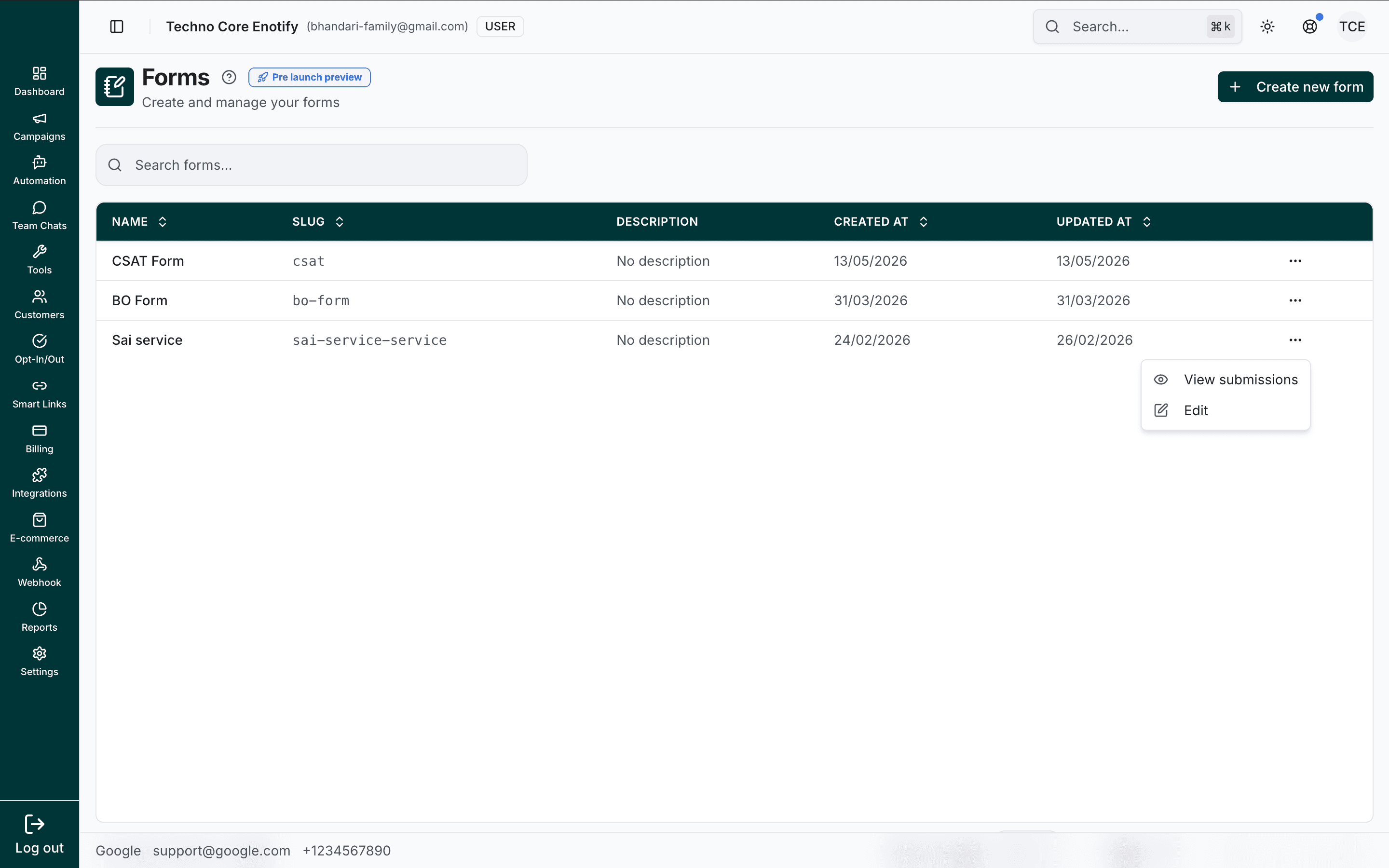 Forms page listing forms with their name, slug, description, and created and updated dates