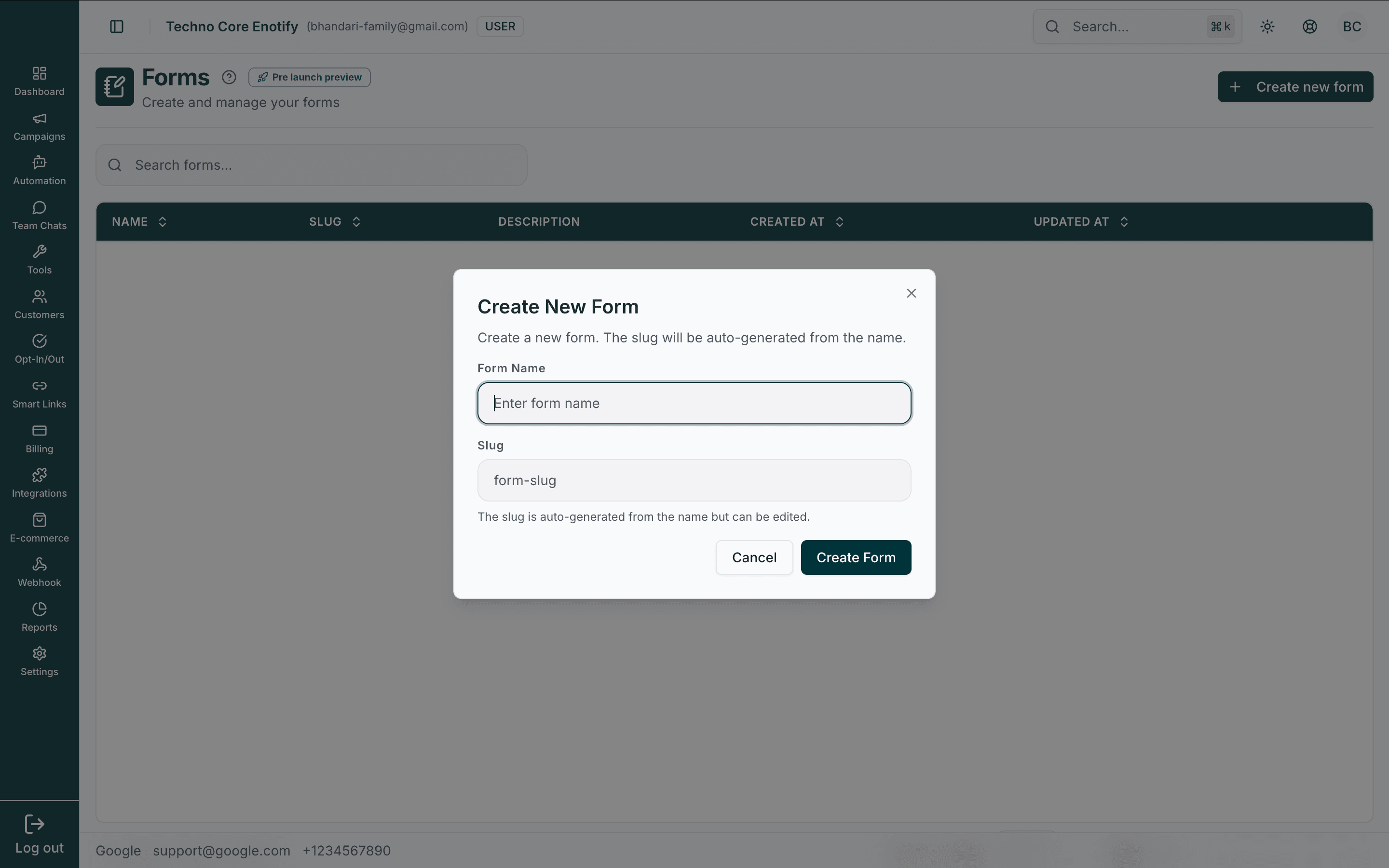 Create New Form dialog with a form name field and an auto-generated, editable slug field