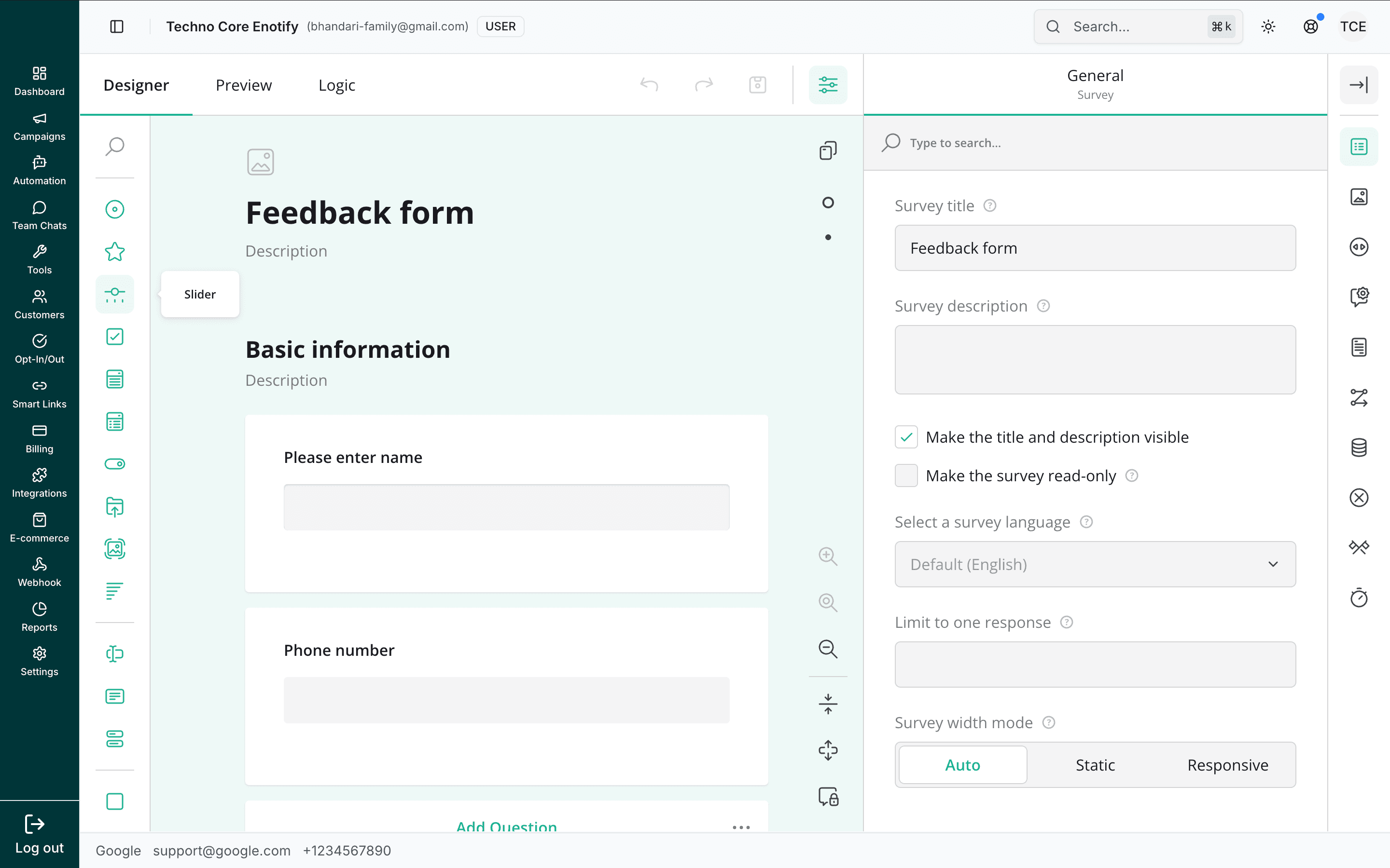 Form builder Designer tab with the question toolbox on the left, the form canvas in the centre, and the question properties panel on the right