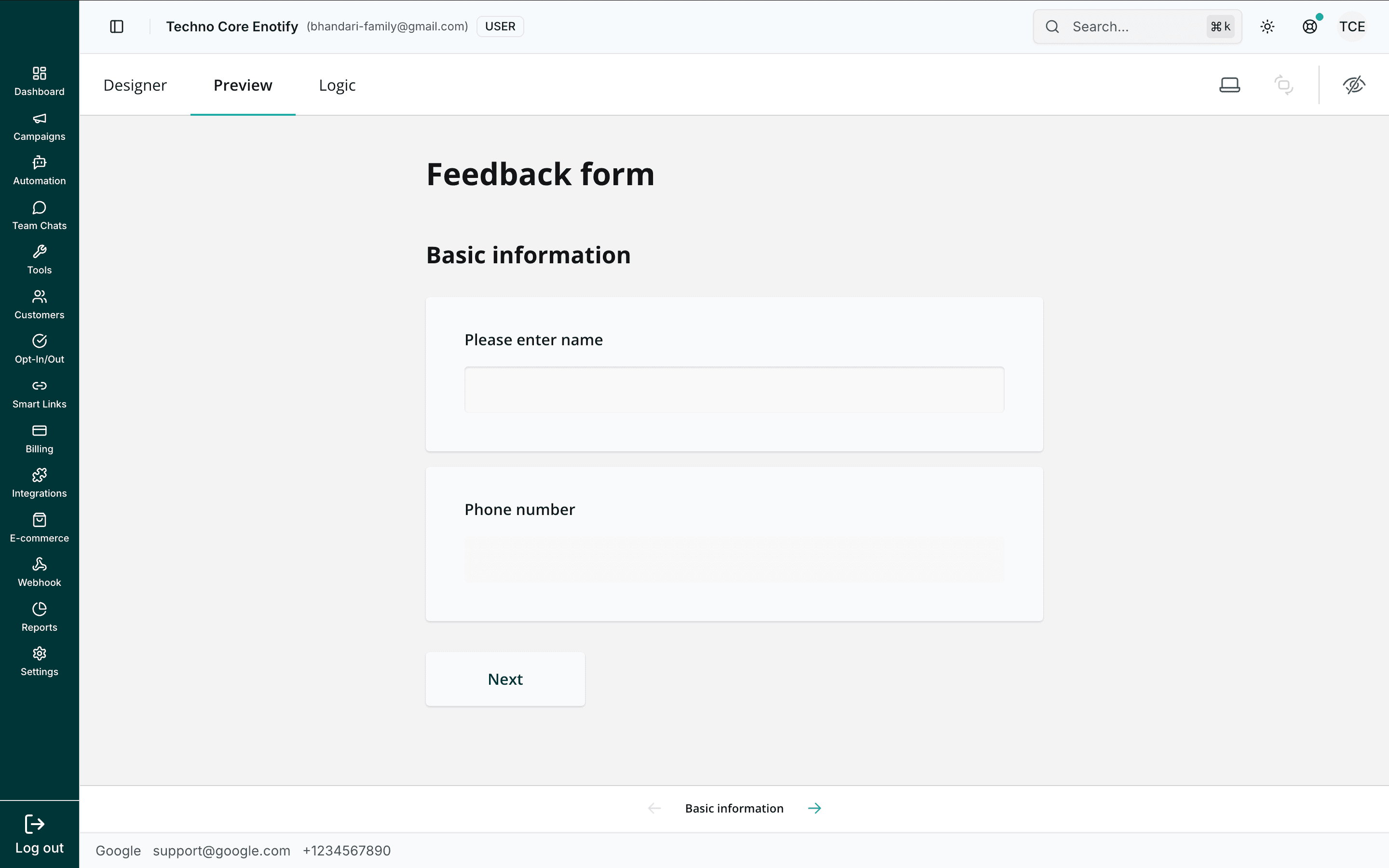 Preview tab rendering the Feedback form with name and phone-number fields and a Next button