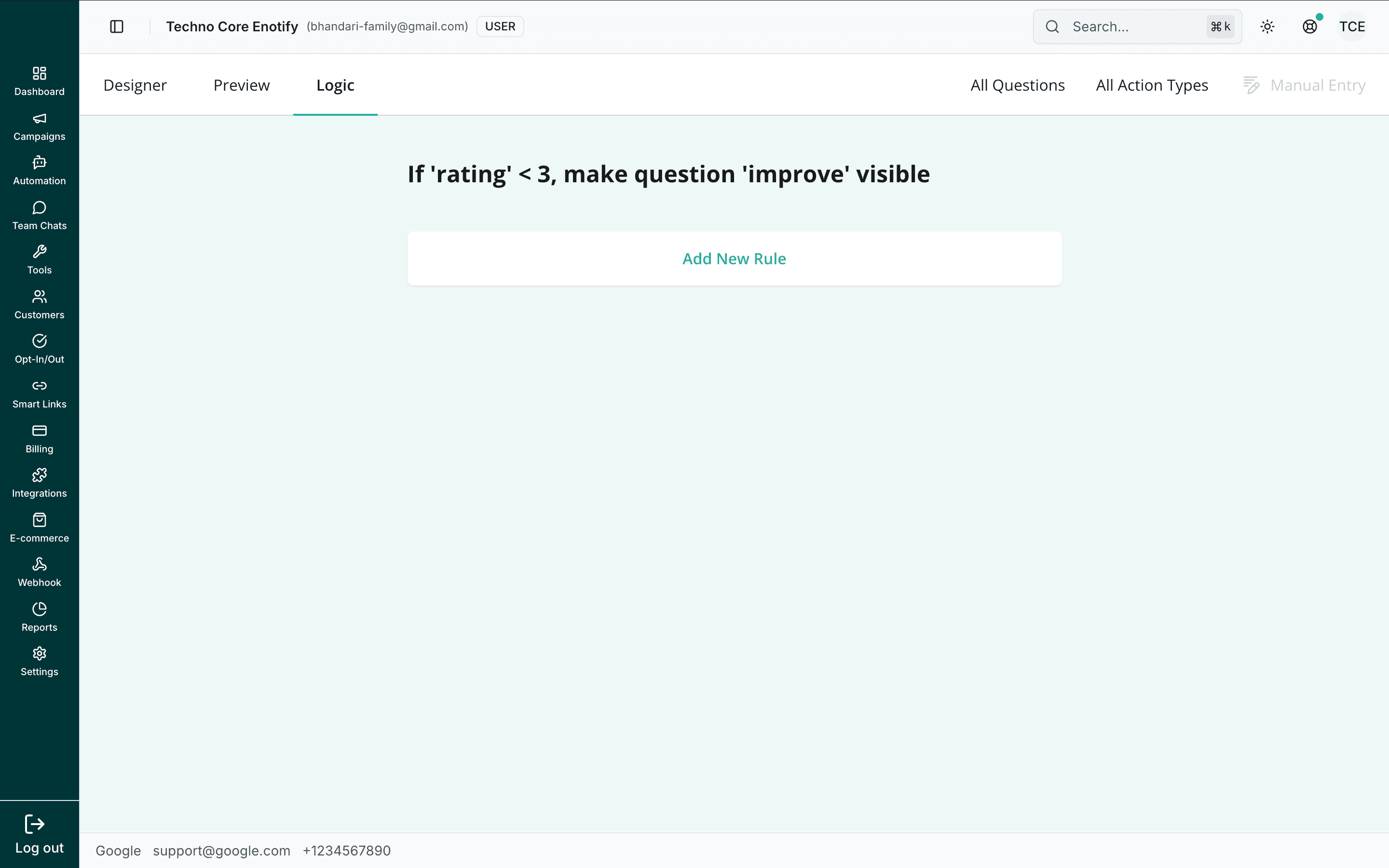 Logic tab showing a rule that makes the 'improve' question visible when the rating is below 3