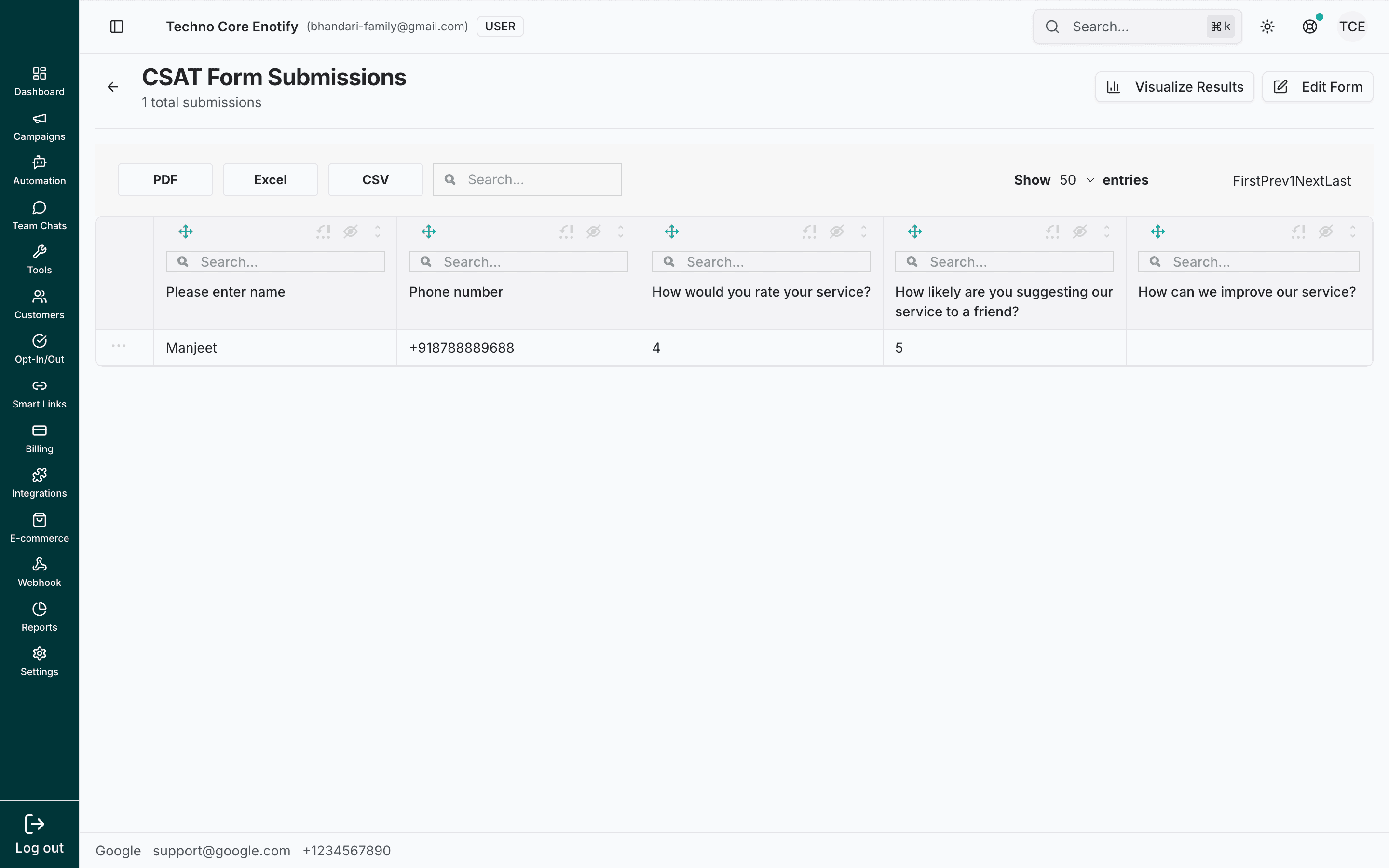 CSAT Form submissions table with a column per question, export buttons, and a Visualize Results action