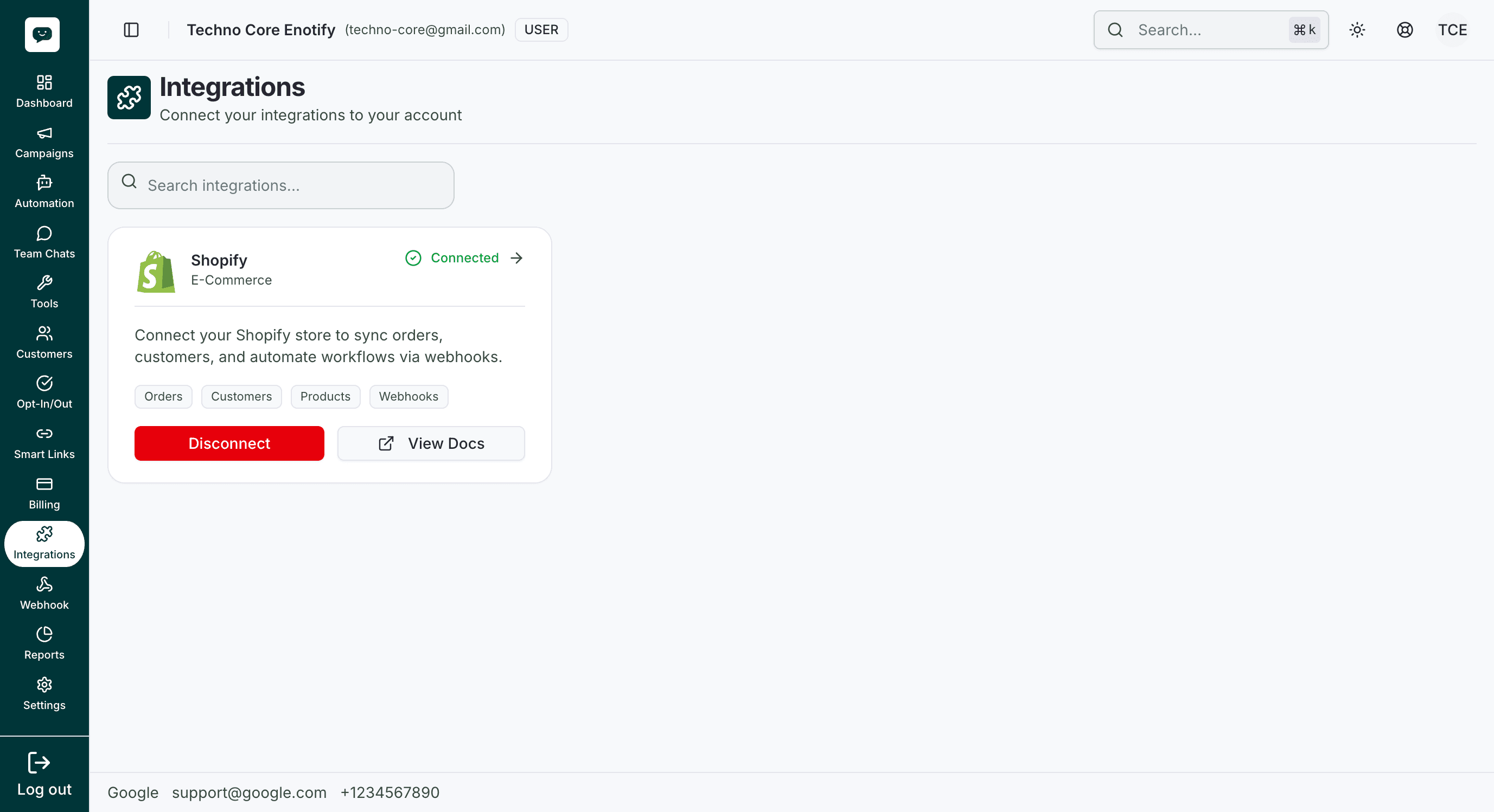 Integrations page with Shopify card showing Connected status and Disconnect and View Docs buttons