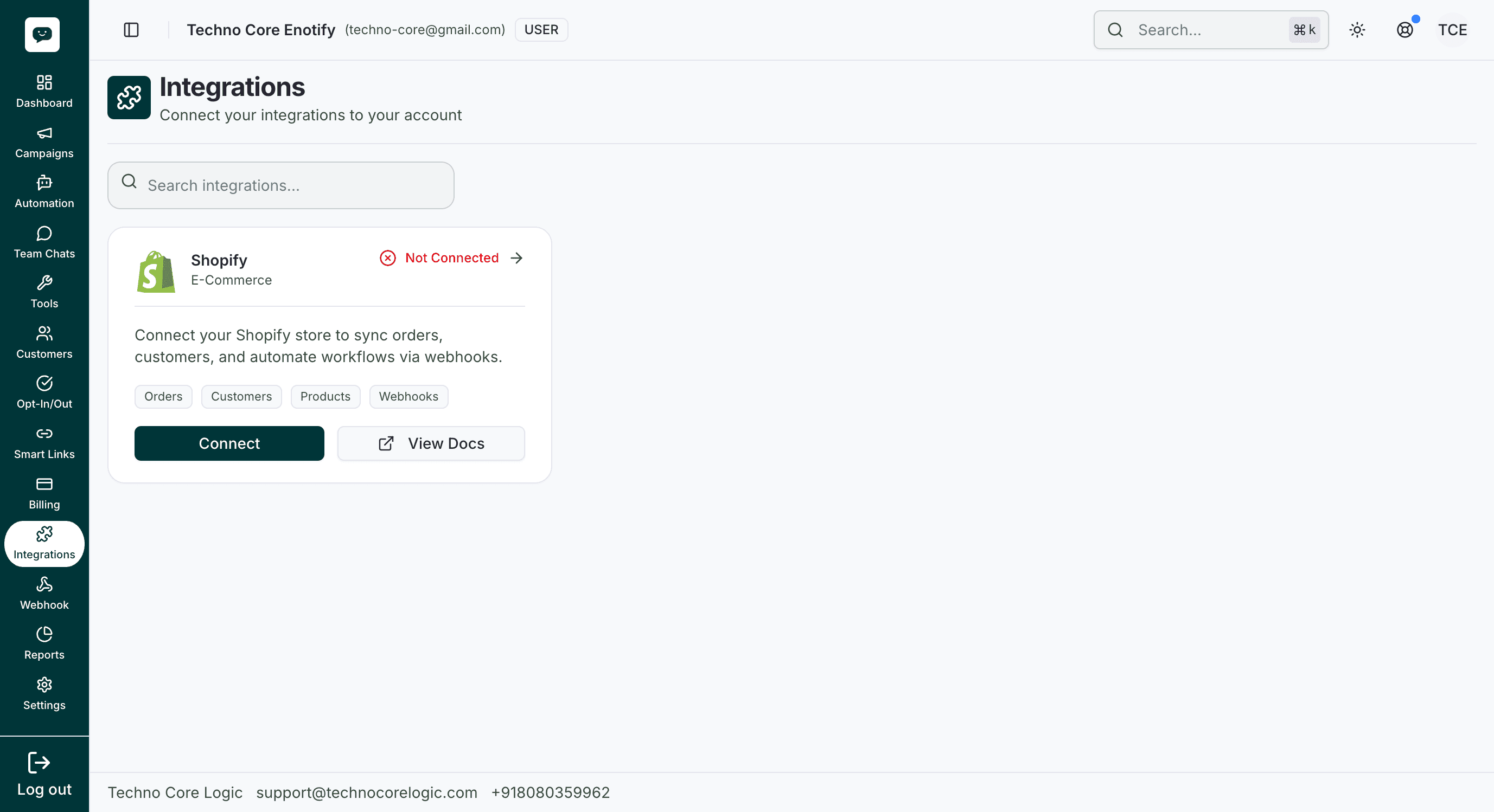 Integrations page with Shopify card showing Not Connected status, feature tags, and Connect and View Docs buttons