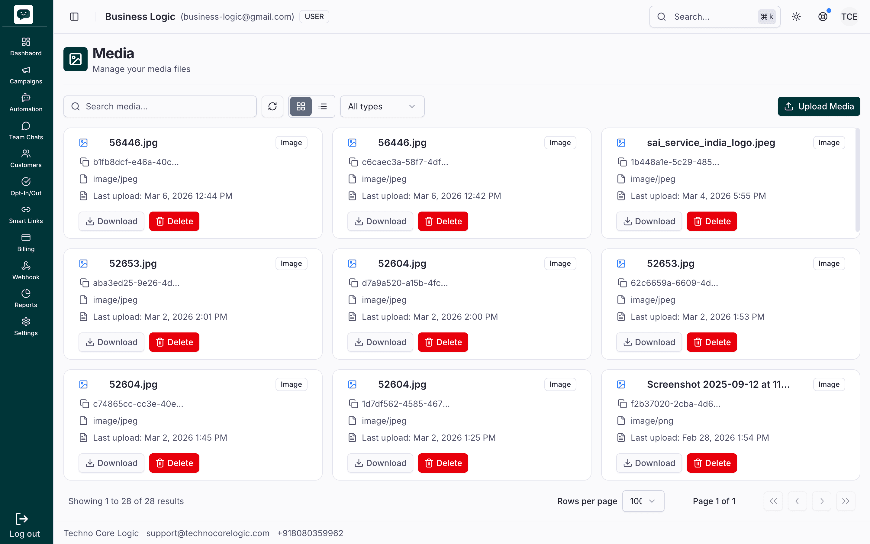Media Library in grid view — cards with thumbnails, file names, types, IDs, and Download/Delete actions