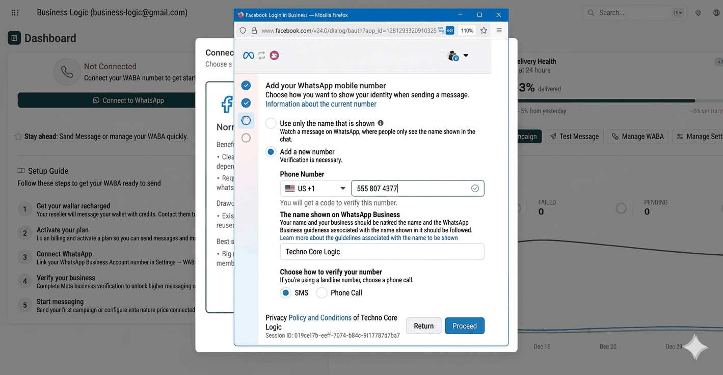 Meta flow — Add your WhatsApp mobile number: identity choice, phone number, business name, and verification method