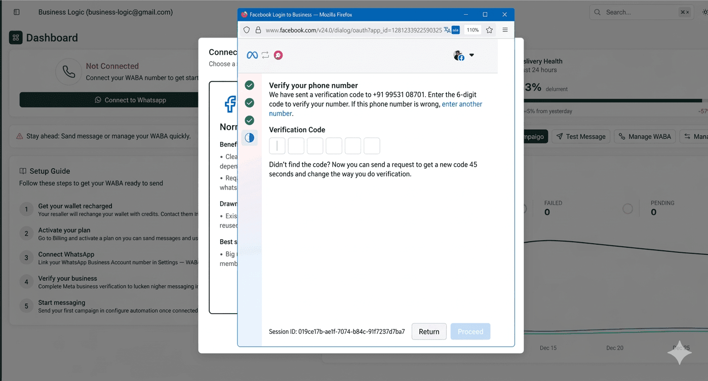 Meta flow — Verify your phone number: enter the 6-digit verification code