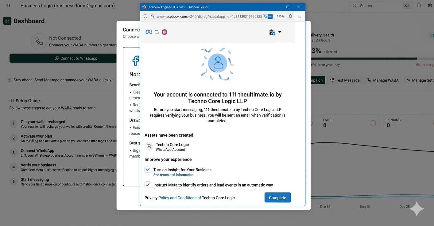 Meta Business Suite verification prompt showing required documents and verification status