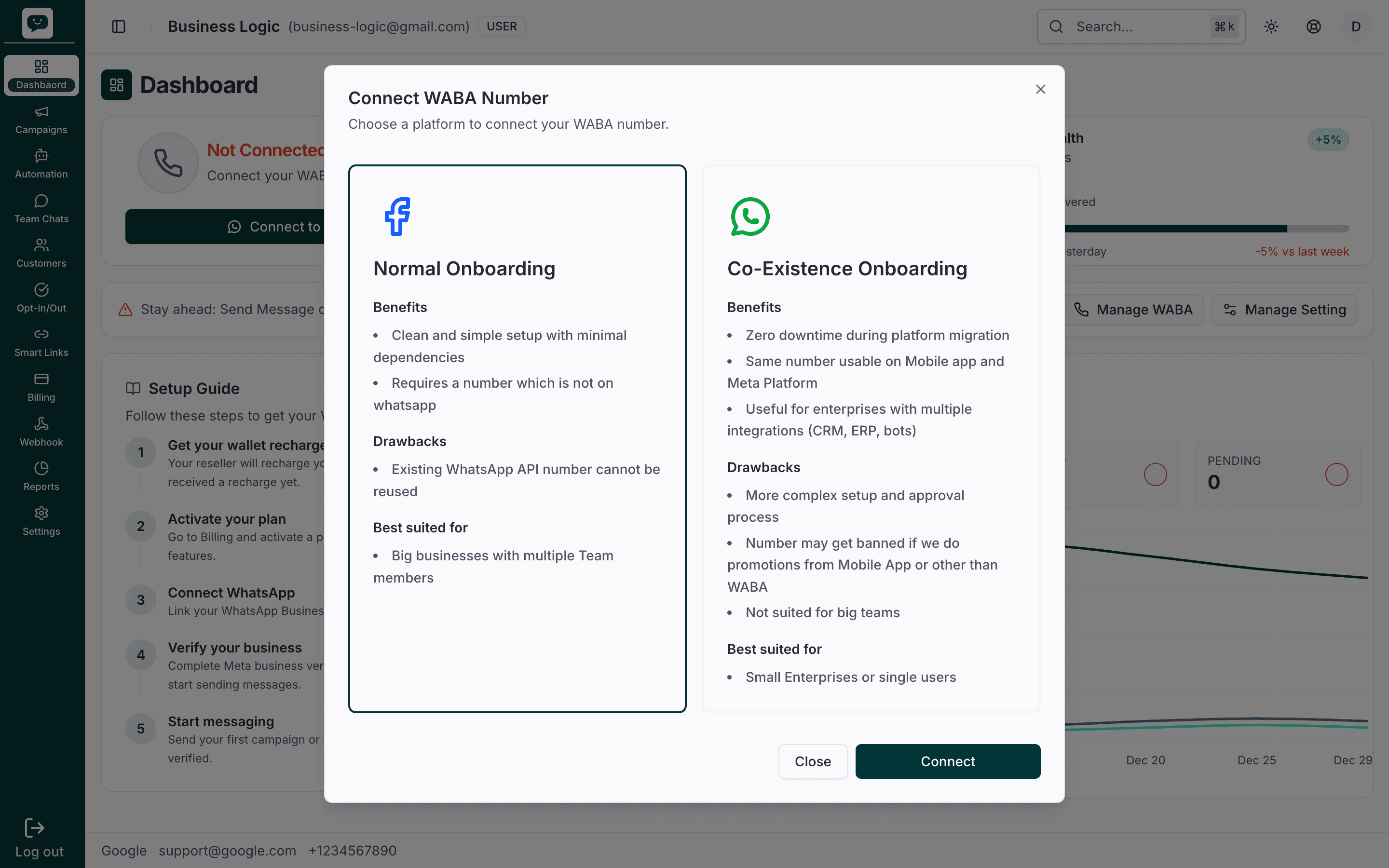 Onboarding type selection modal showing Normal Onboarding on the left with a Facebook icon and Coexistence Onboarding on the right with a WhatsApp icon