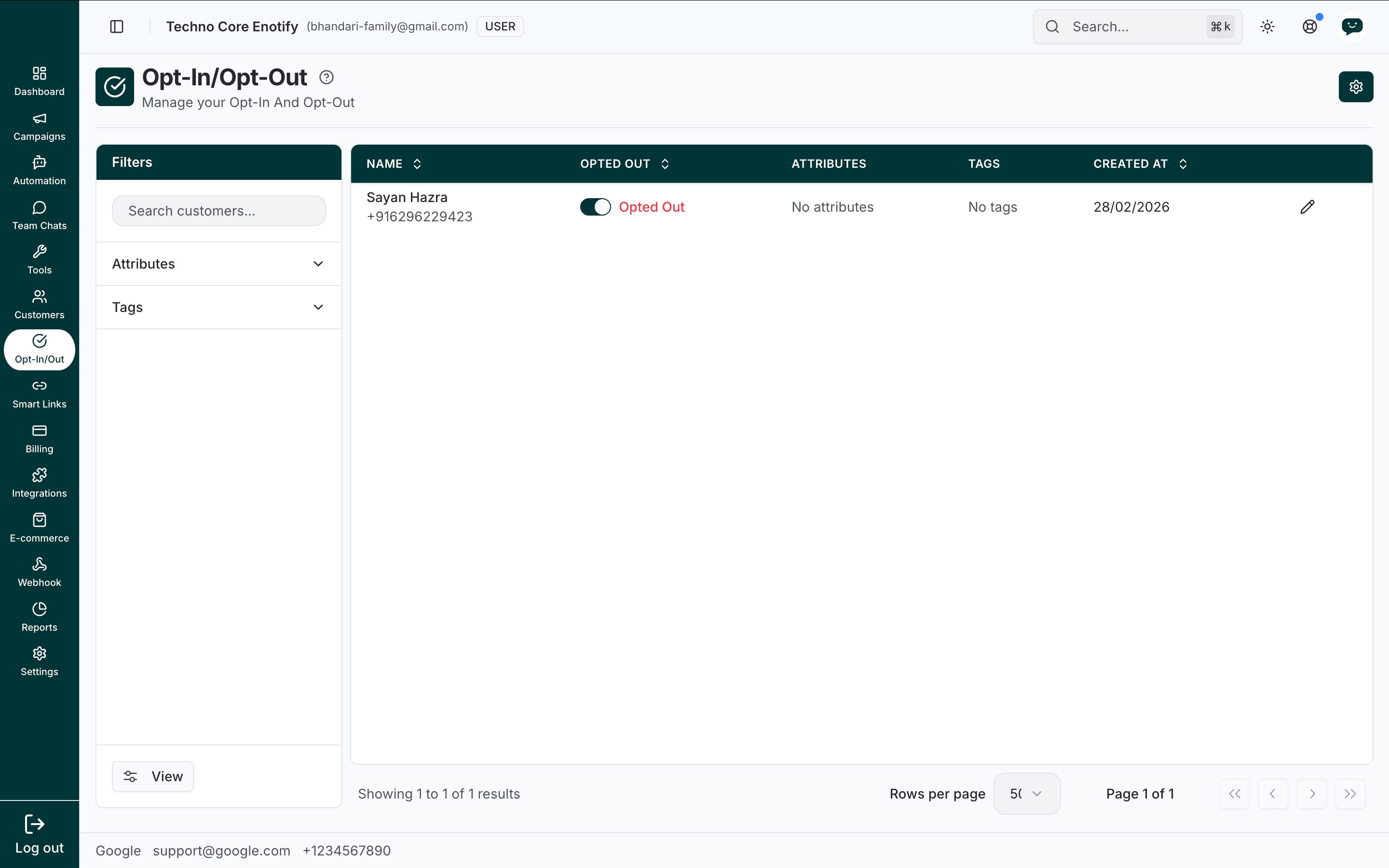 Opt-In/Opt-Out page listing customers with an opted-out toggle, attributes, tags, and creation date