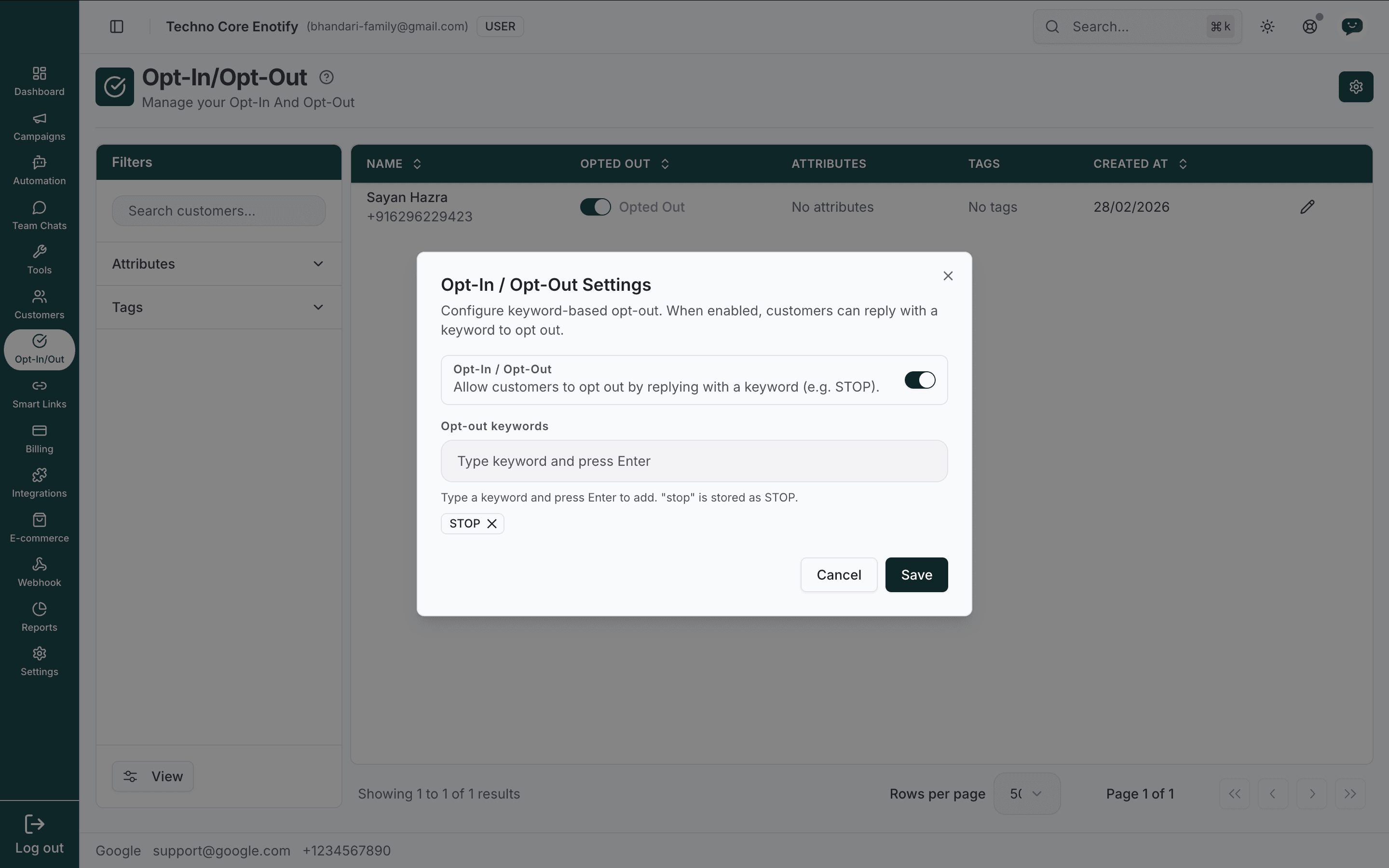 Opt-In / Opt-Out Settings dialog with an enable toggle and an opt-out keyword field