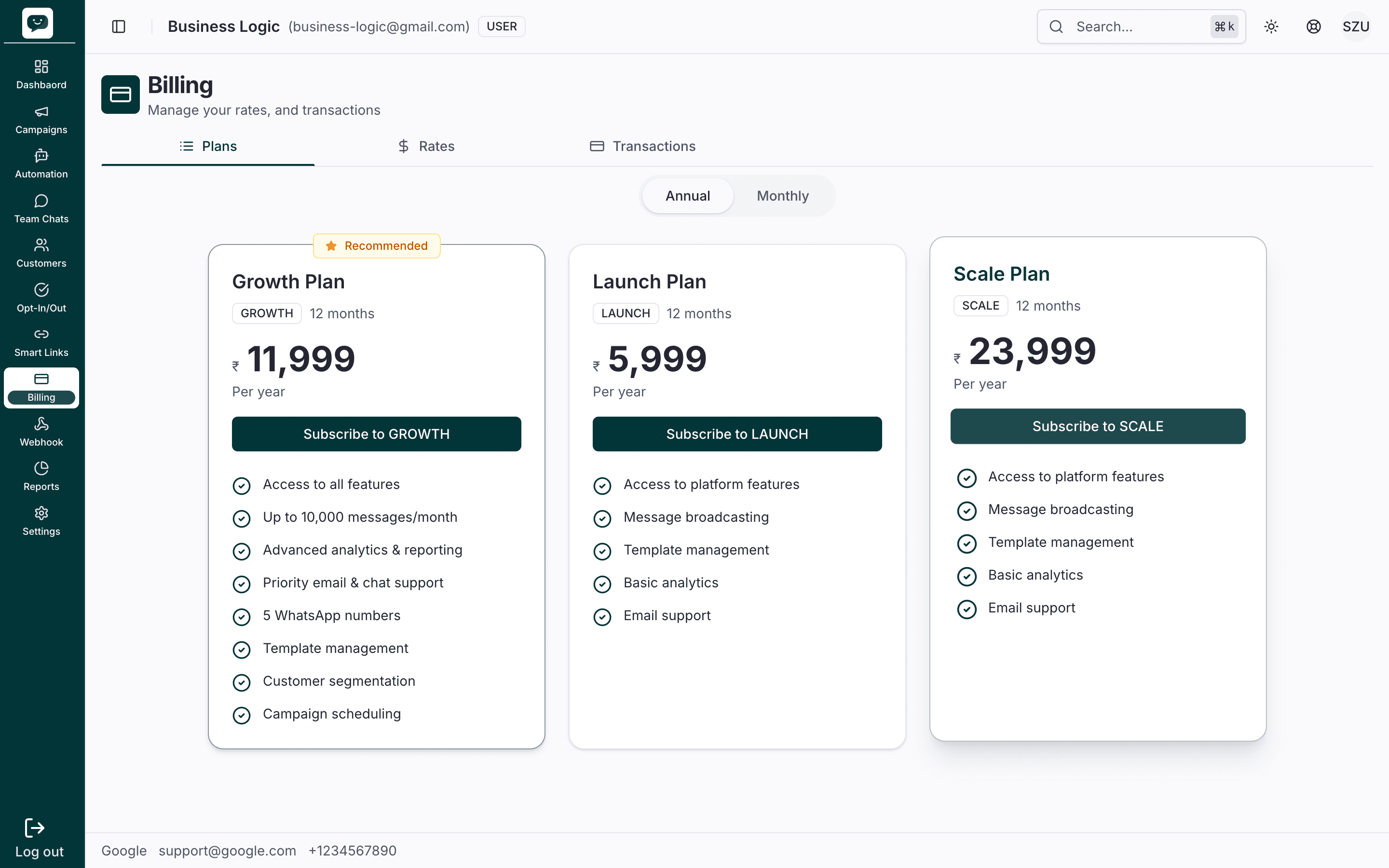 Billing page showing wallet balance in INR, recharge button, and recent transactions