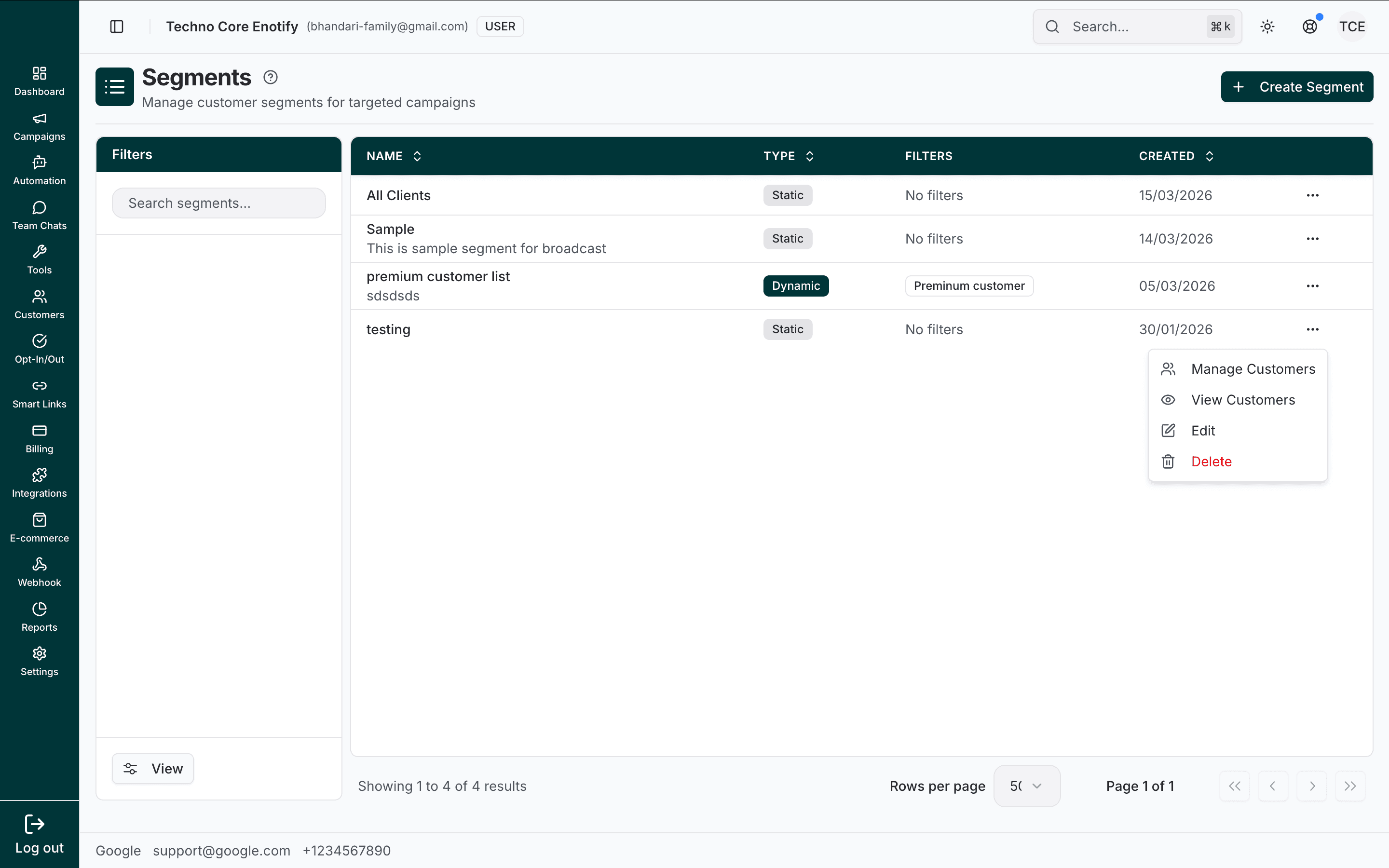Segments page listing segments with their name, type, filters, and created date, with a row actions menu open