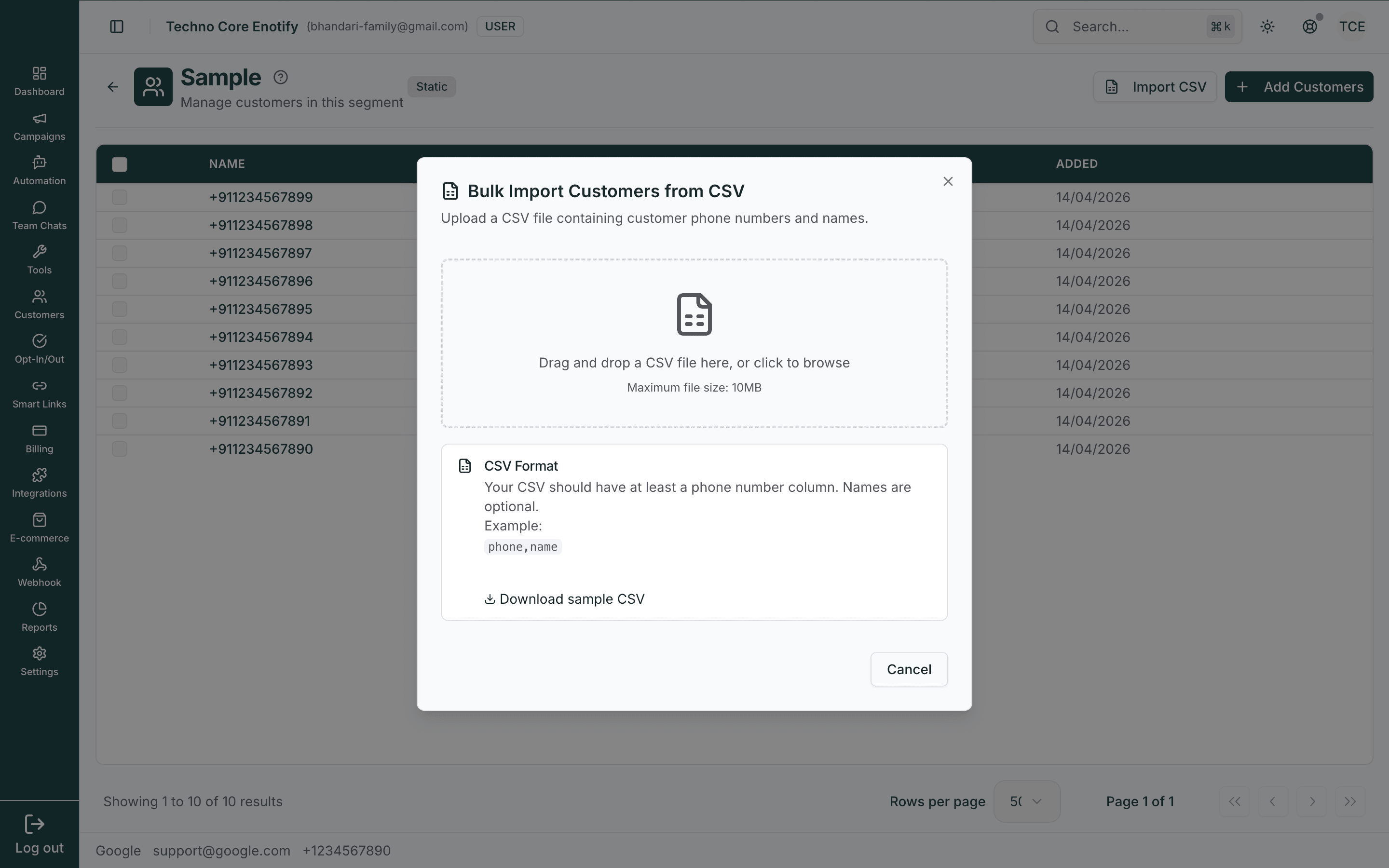 Bulk Import Customers from CSV dialog with a drag-and-drop area and CSV format notes