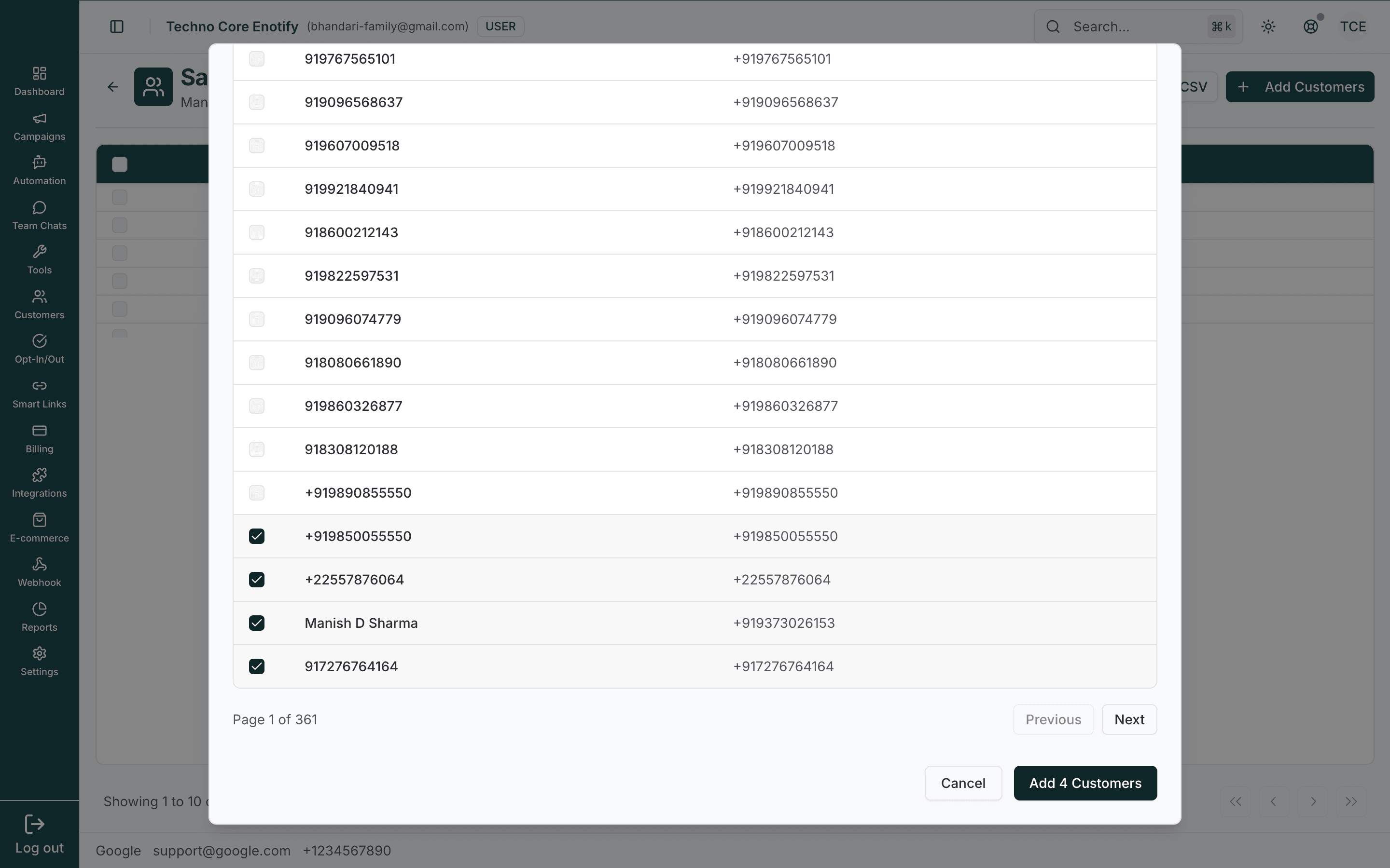 Add Customers dialog with four customers ticked and the Add 4 Customers button
