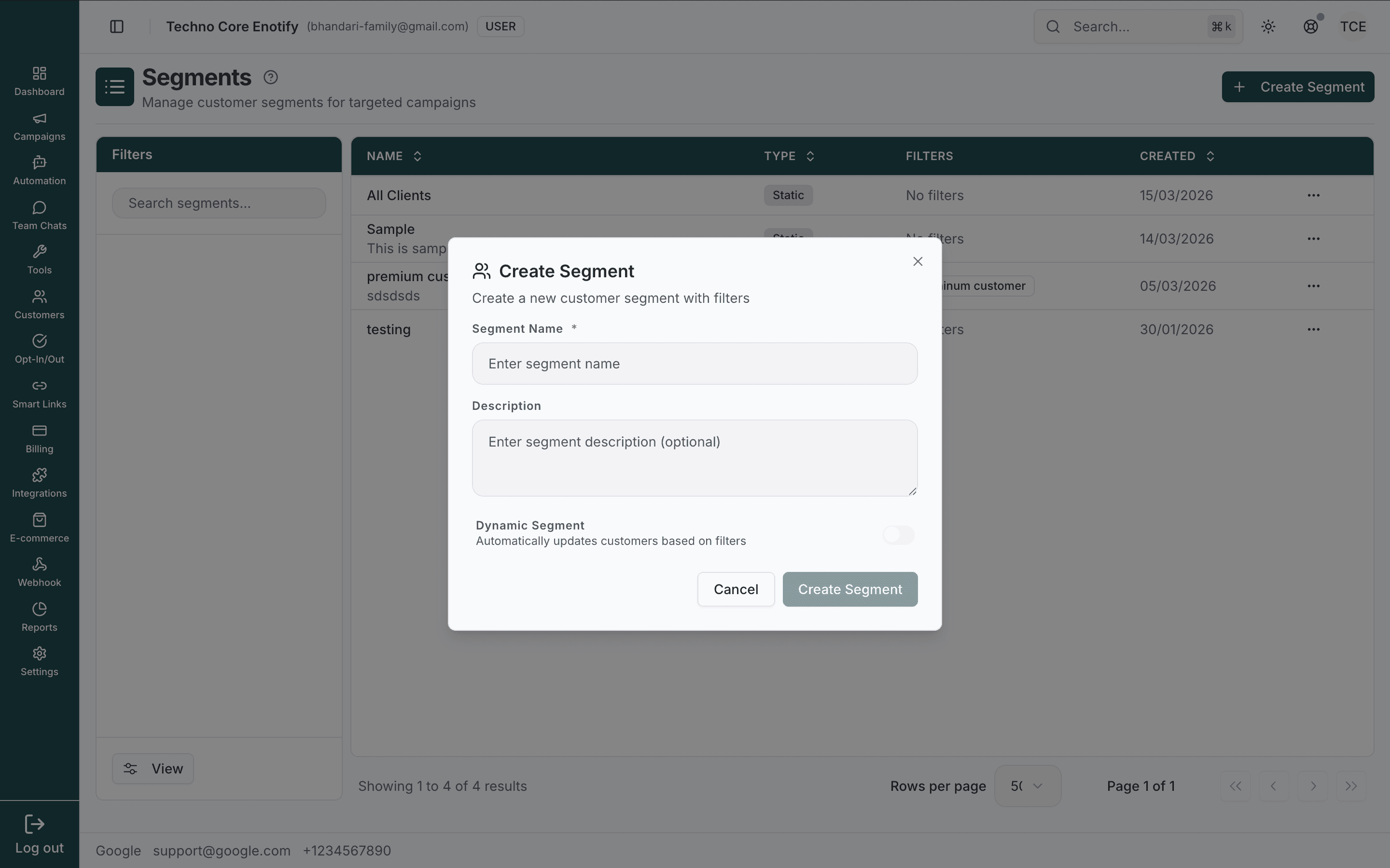 Create Segment dialog with name and description fields and the Dynamic Segment toggle switched off
