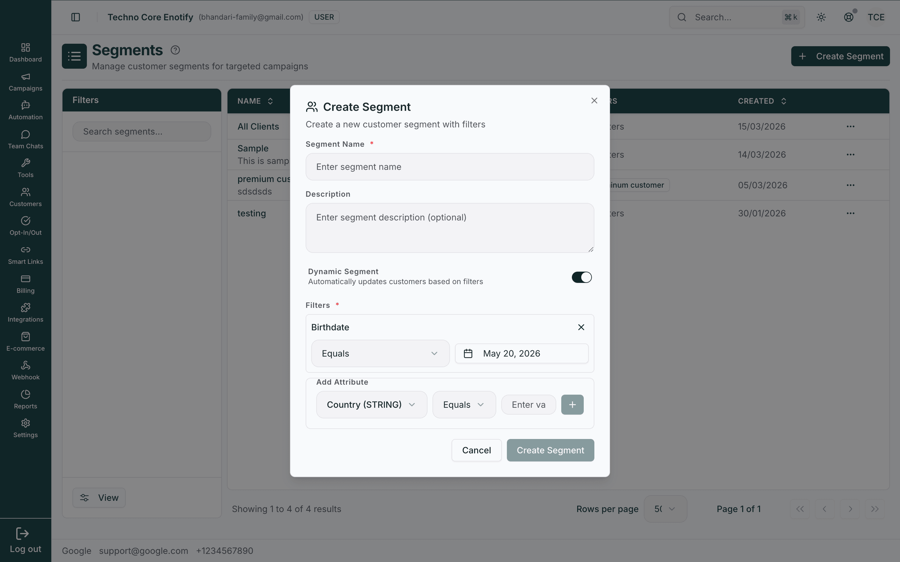Create Segment dialog with Dynamic Segment switched on, showing a Birthdate filter and an Add Attribute row
