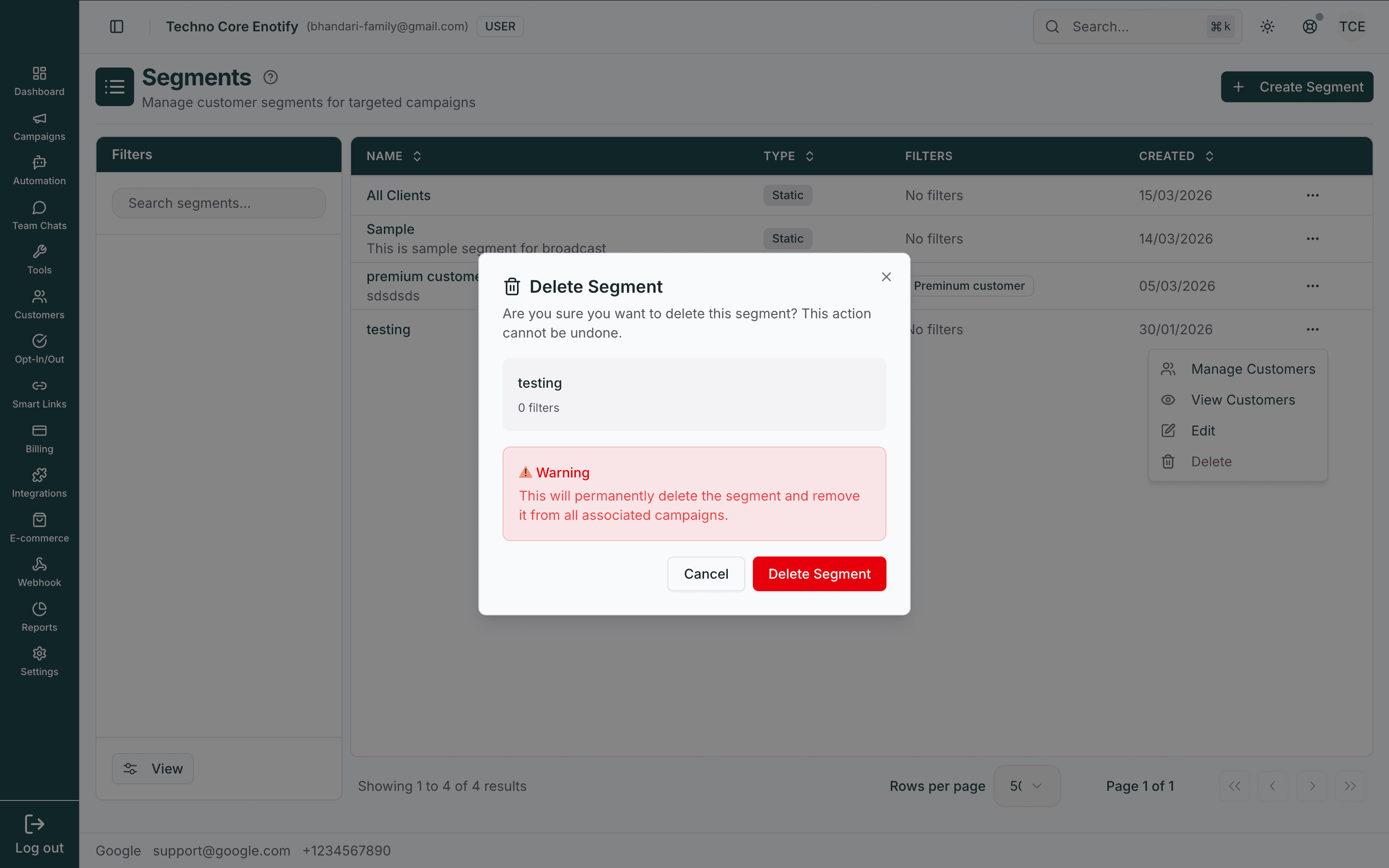 Delete Segment confirmation dialog warning the segment will be removed from associated campaigns