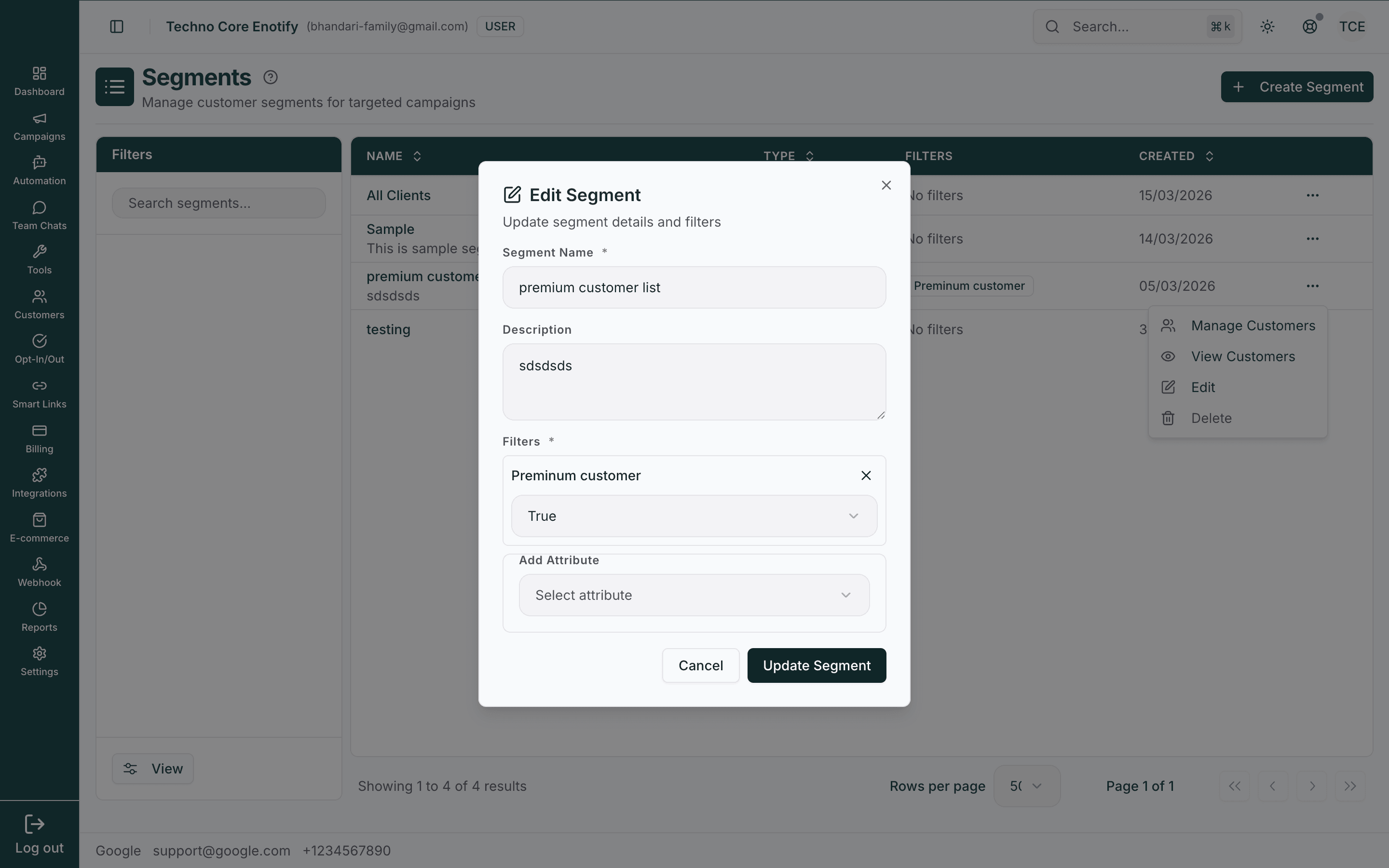 Edit Segment dialog updating the premium customer list's name, description, and Premium customer filter
