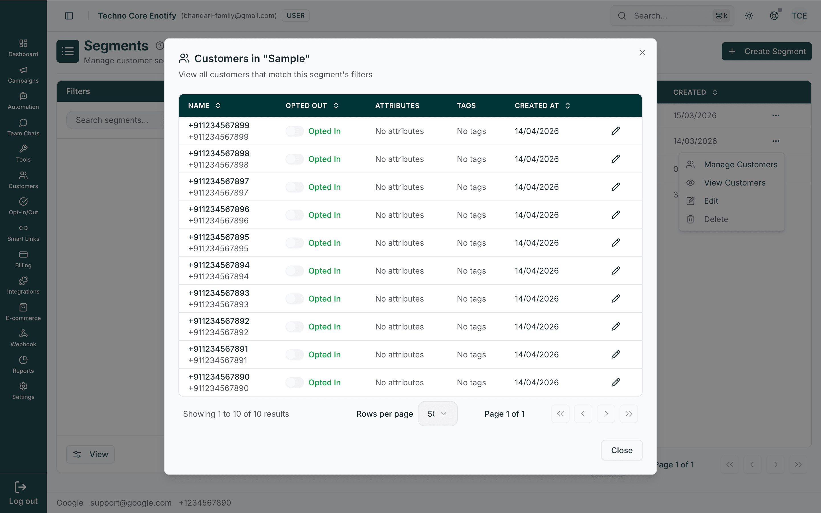 Customers in Sample modal listing member phone numbers with opt-out status, attributes, and tags