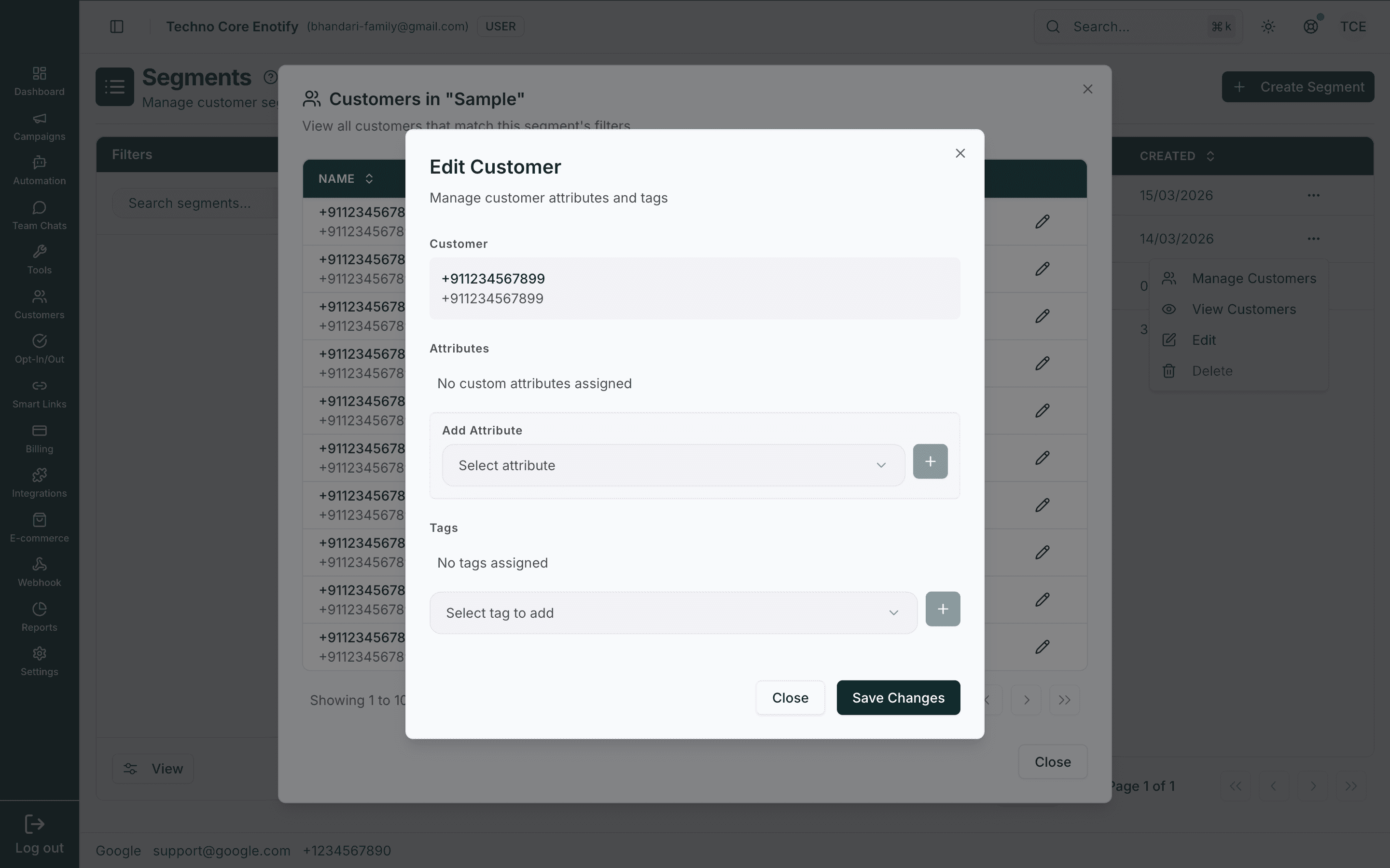 Edit Customer modal for assigning attributes and tags to a single customer