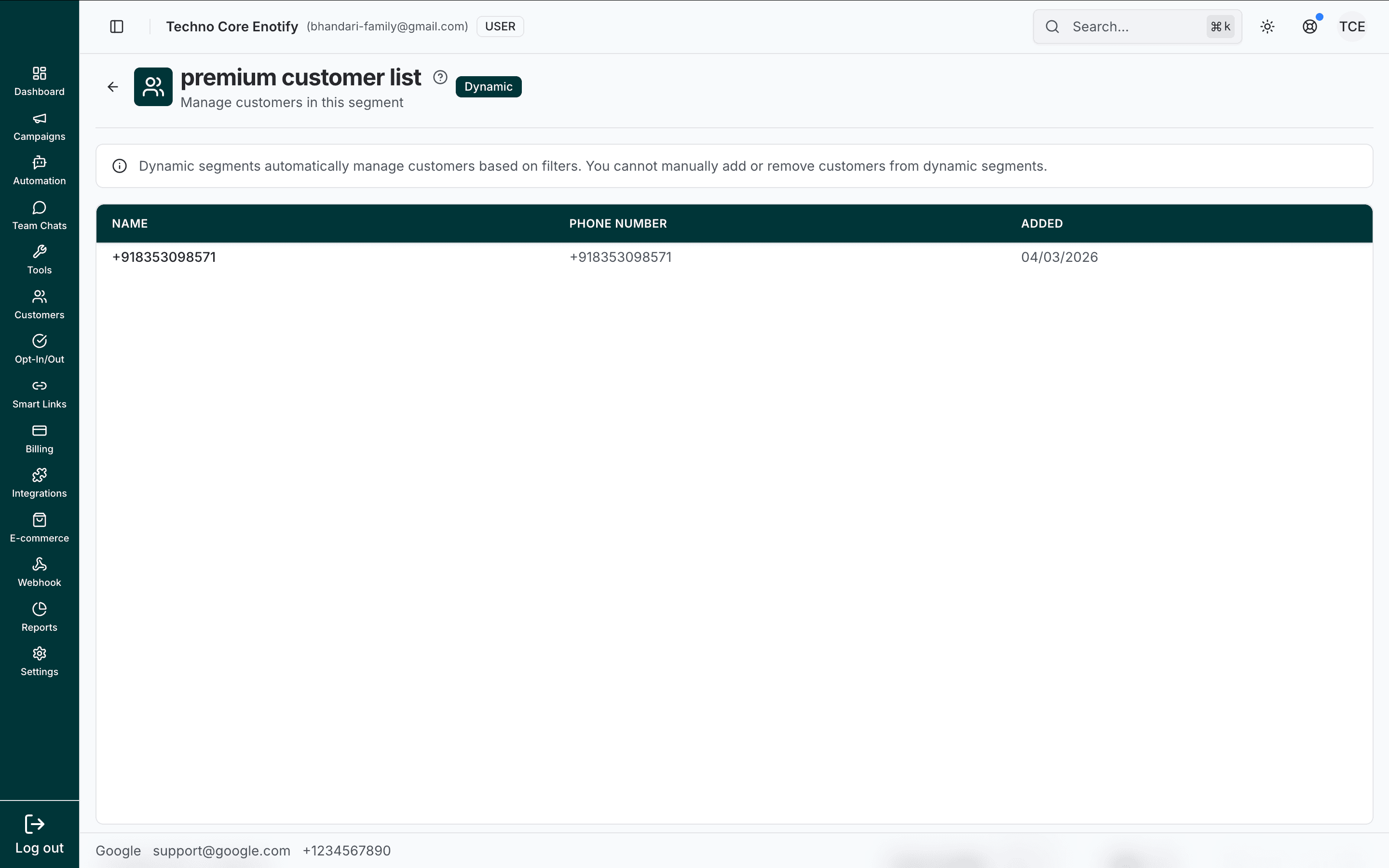 Dynamic segment manage page with an info banner explaining membership is controlled by filters