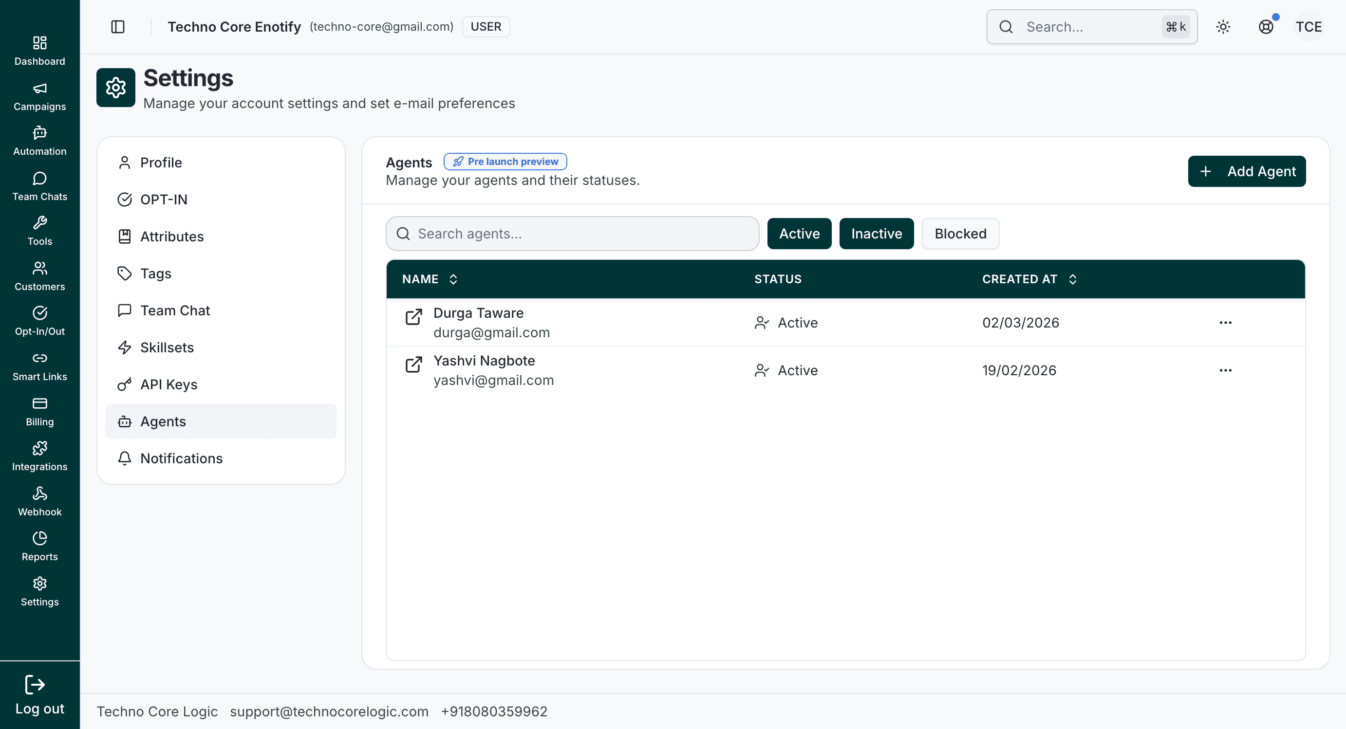 Settings page with left submenu entries including Profile, OPT-IN, Attributes, Tags, Team Chat, Skillsets, API Keys, Agents, and Notifications